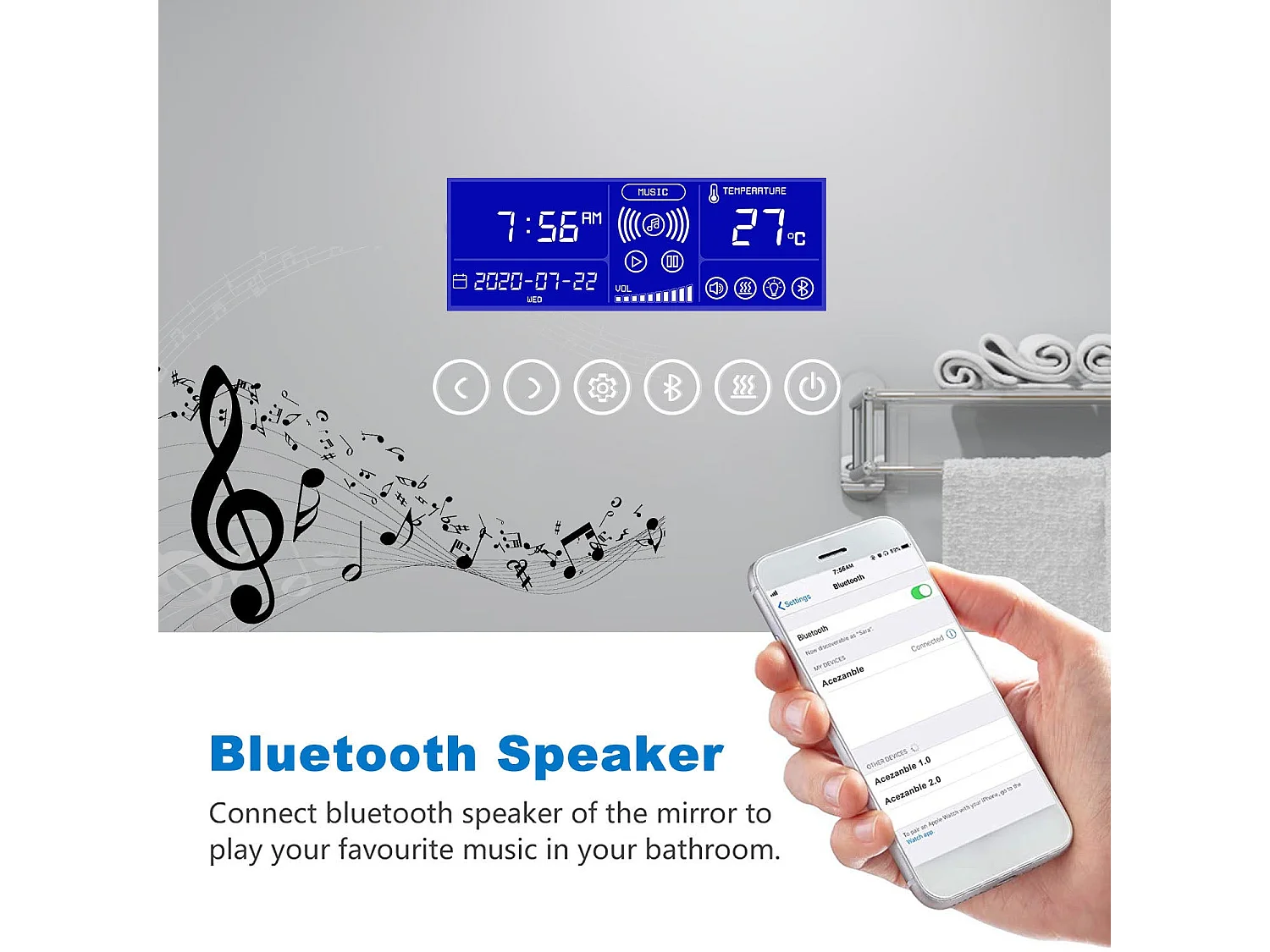 Miroir Salle de Bain Anti-buée LED120x70cm 3 Couleurs, Bluetooth, Horloge, Grossisant 3X