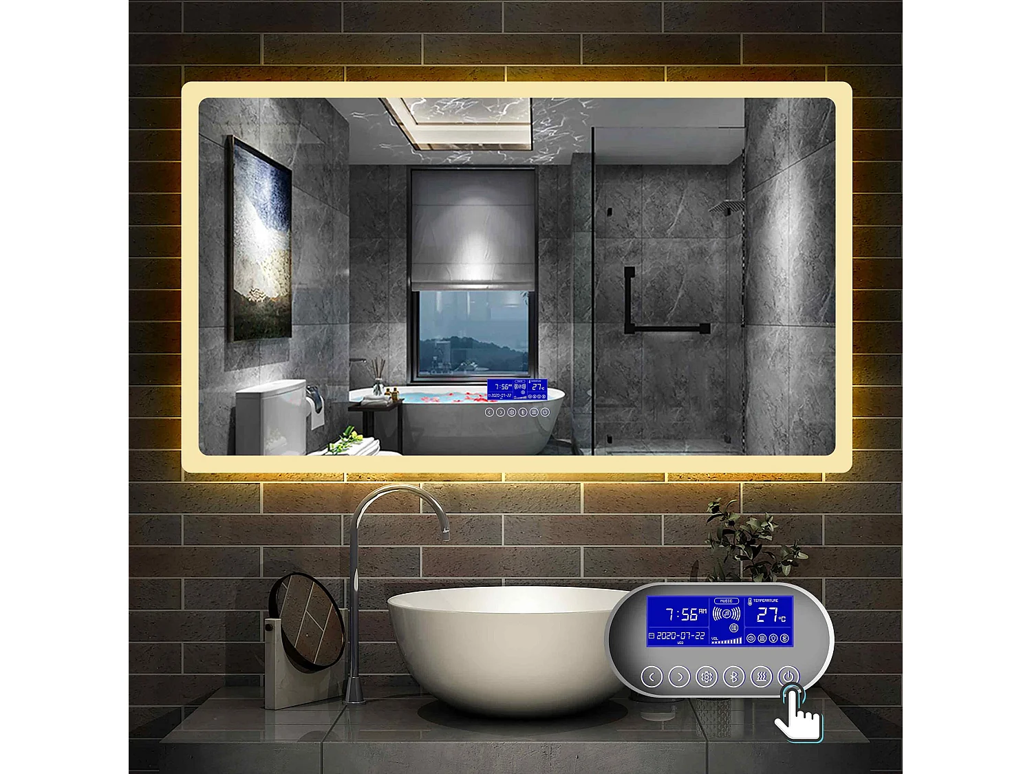 Miroir Salle de Bain Anti-buée LED 100 x 60 cm de 3 Couleurs avec Bluetooth, Horloge Aica