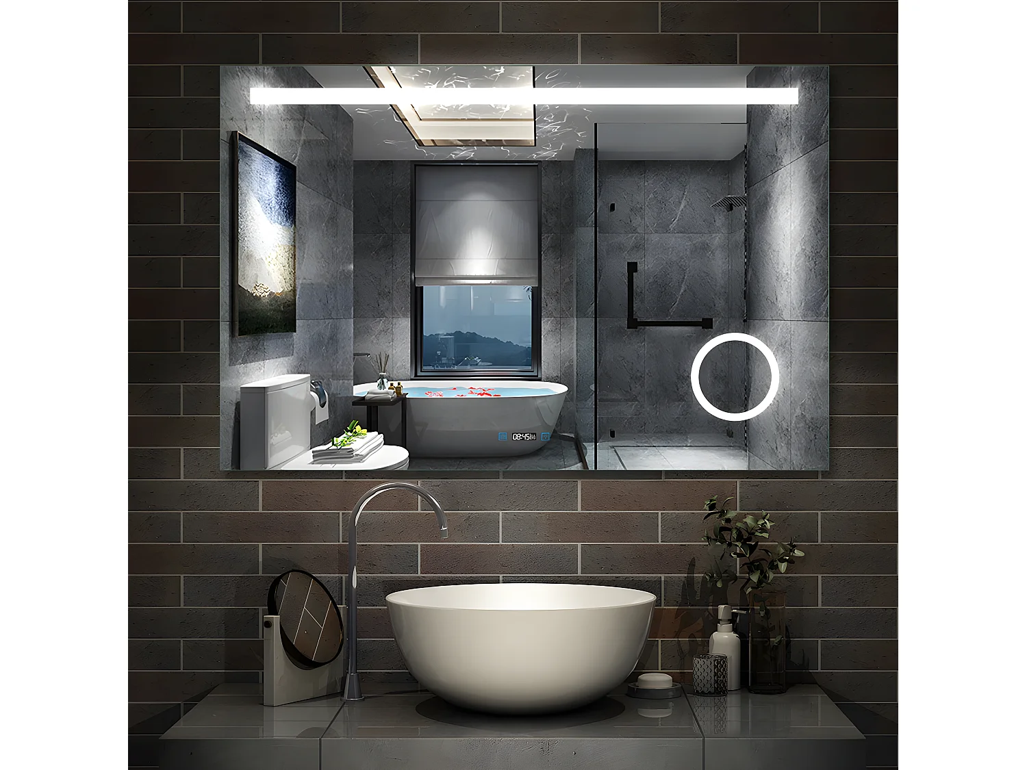 Miroir Salle de Bain Anti-buée LED de 80 x 60 cm avec Horloge et Grossisant 3X Aica