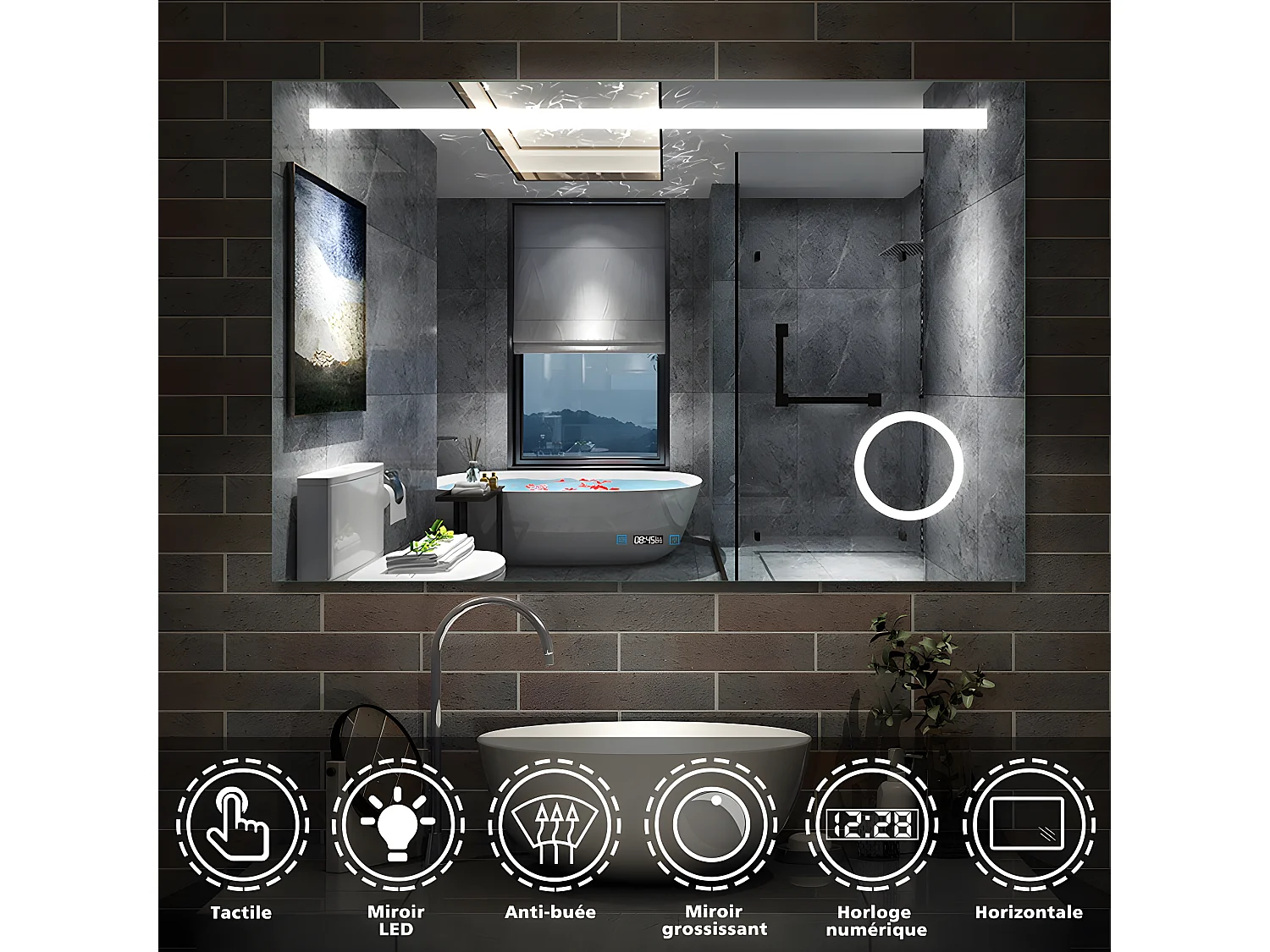 Miroir Salle de Bain Anti-buée LED de 80 x 60 cm avec Horloge et Grossisant 3X Aica