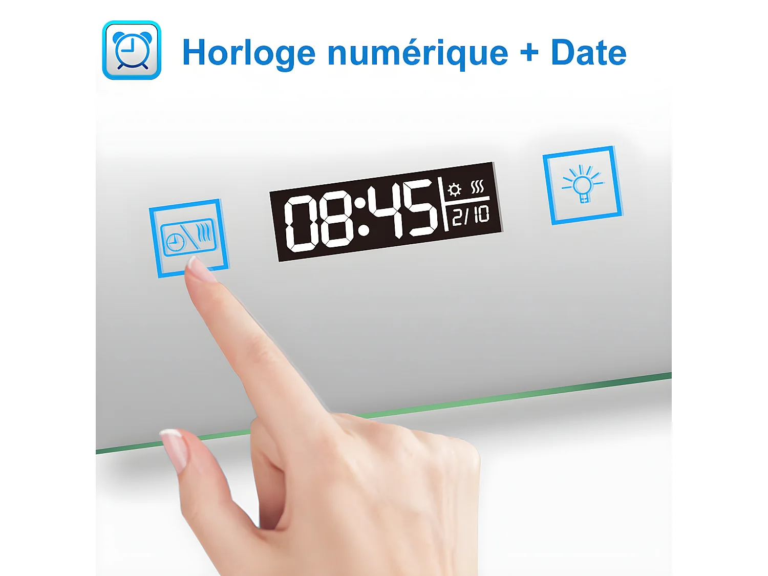 Miroir Salle de Bain Anti-buée LED de 80 x 60 cm avec Horloge et Grossisant 3X Aica