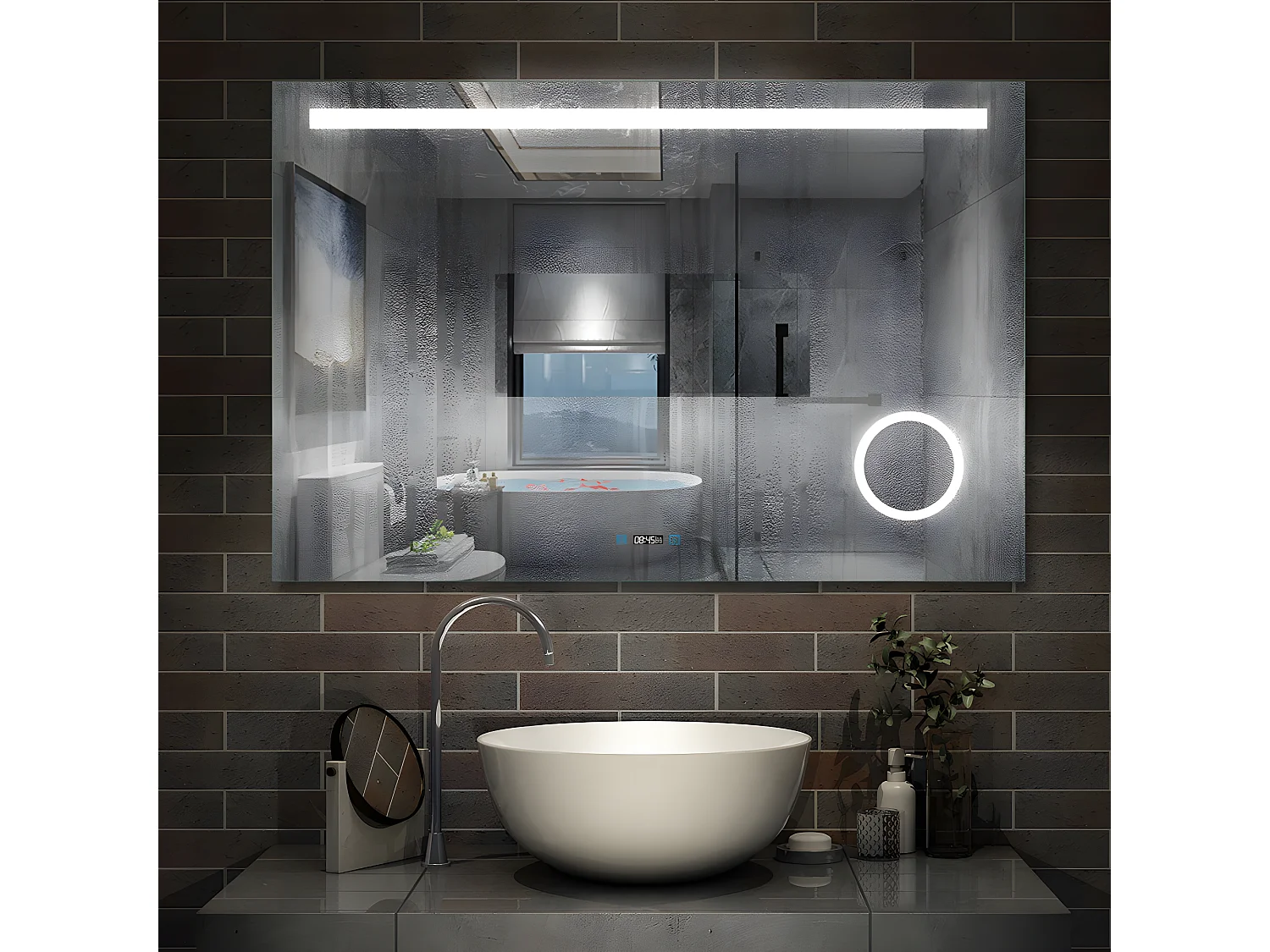 Miroir Salle de Bain Anti-buée LED de 80 x 60 cm avec Horloge et Grossisant 3X Aica