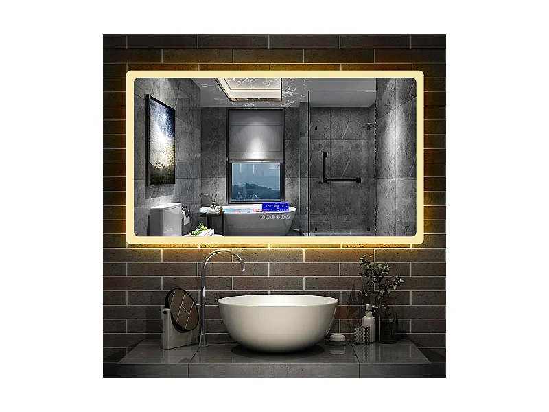 Miroir Salle de Bain Anti-buée LED 70x50cm 3 Couleurs, Bluetooth, Horloge Aica