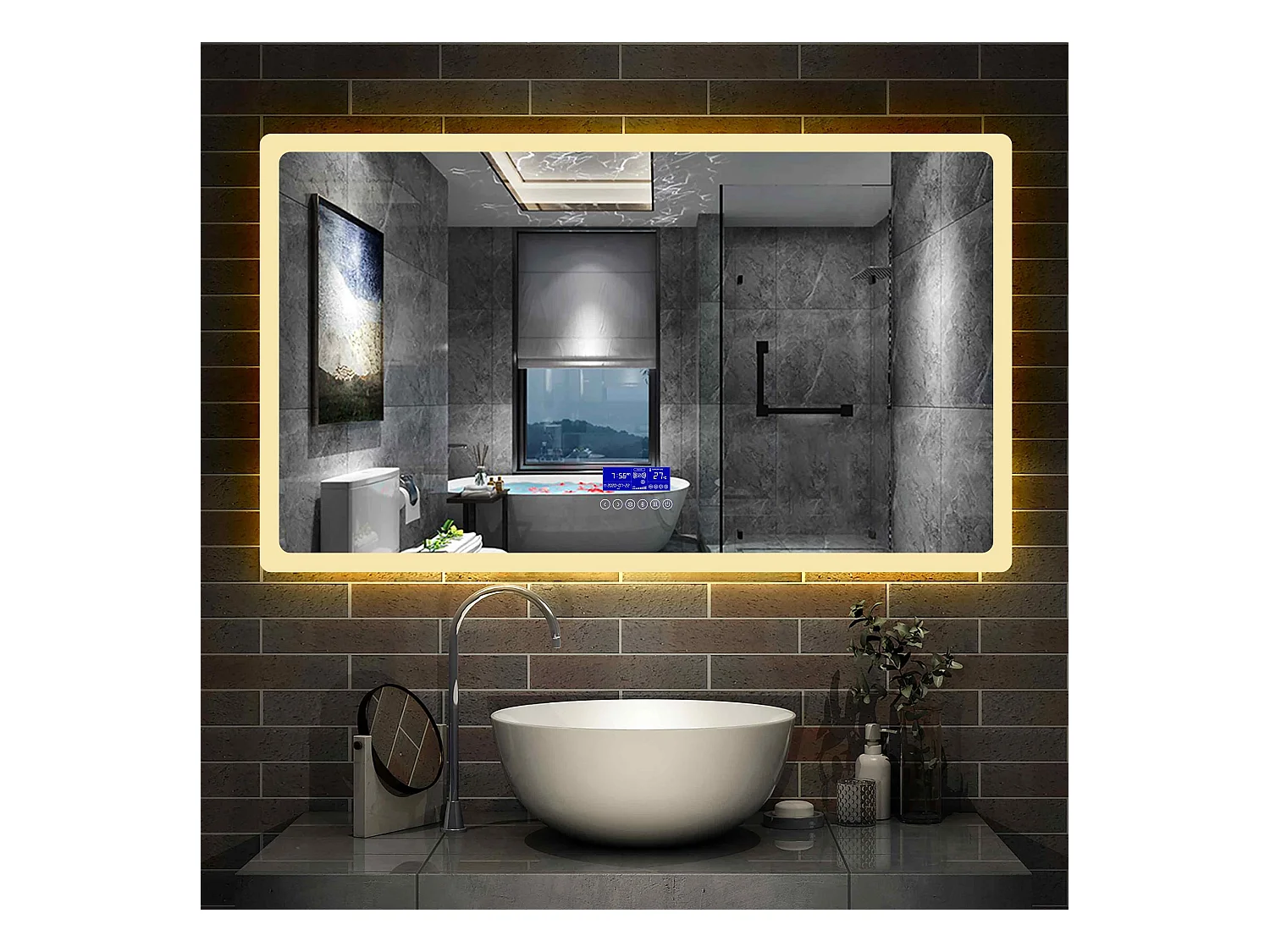 Miroir Salle de Bain Anti-buée LED 70x50cm 3 Couleurs, Bluetooth, Horloge Aica