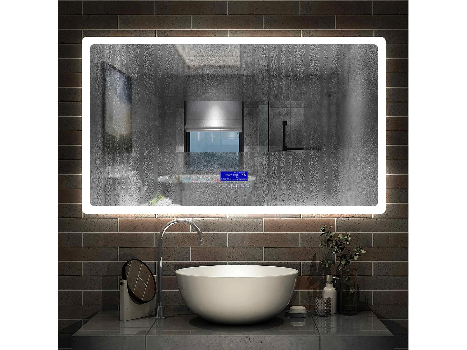 Miroir Salle de Bain Anti-buée LED 70x50cm 3 Couleurs, Bluetooth, Horloge Aica