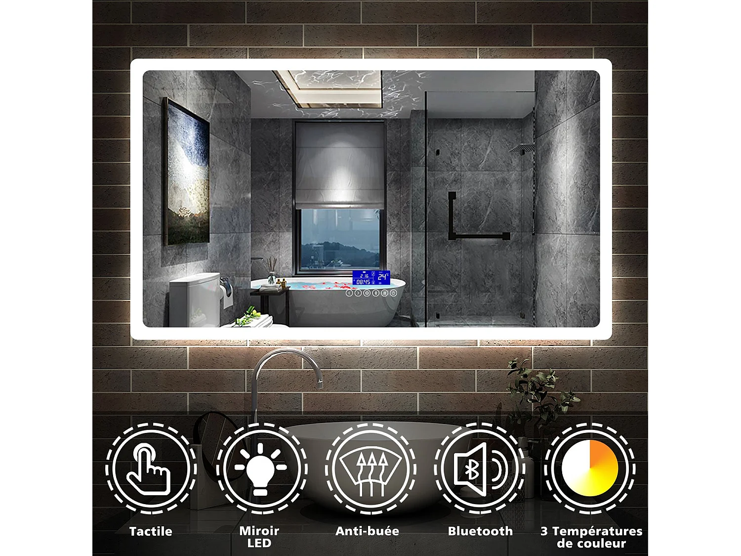 Miroir Salle de Bain Anti-buée LED 140 x 80 cm de 3 Couleurs avec Bluetooth, Horloge Aica