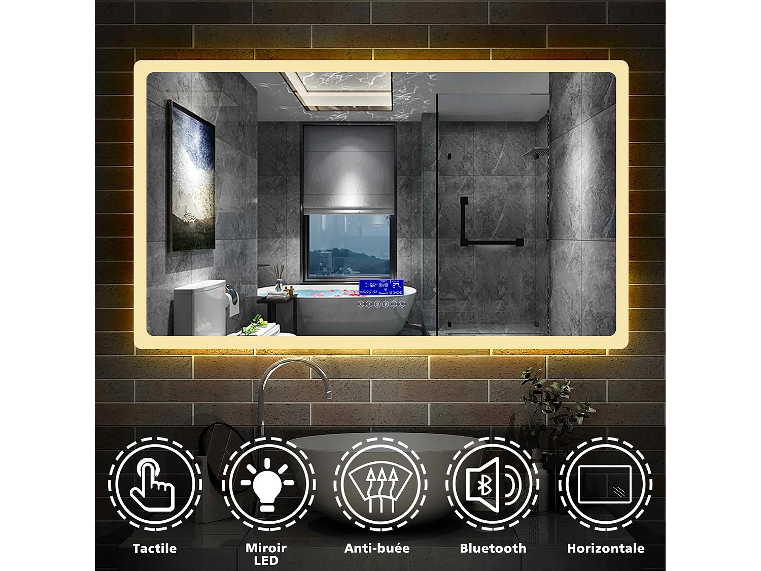 Miroir Salle de Bain Anti-buée LED 140 x 80 cm de 3 Couleurs avec Bluetooth, Horloge Aica