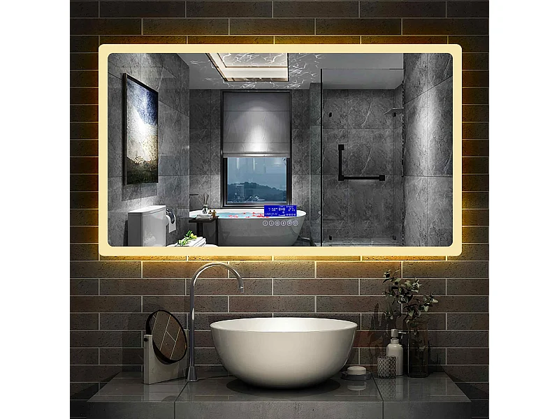 Miroir Salle de Bain Anti-buée LED 140 x 80 cm de 3 Couleurs avec Bluetooth, Horloge Aica