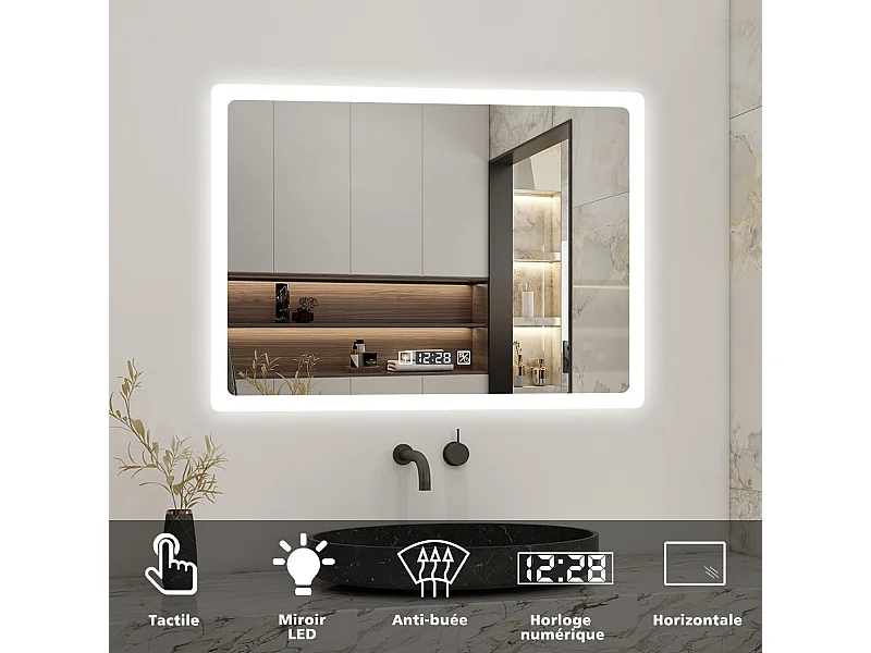 Miroir LED de salle de bain rectangle horizontal anti-buée avec Horloge, lumière blanc pur 80x60 cm