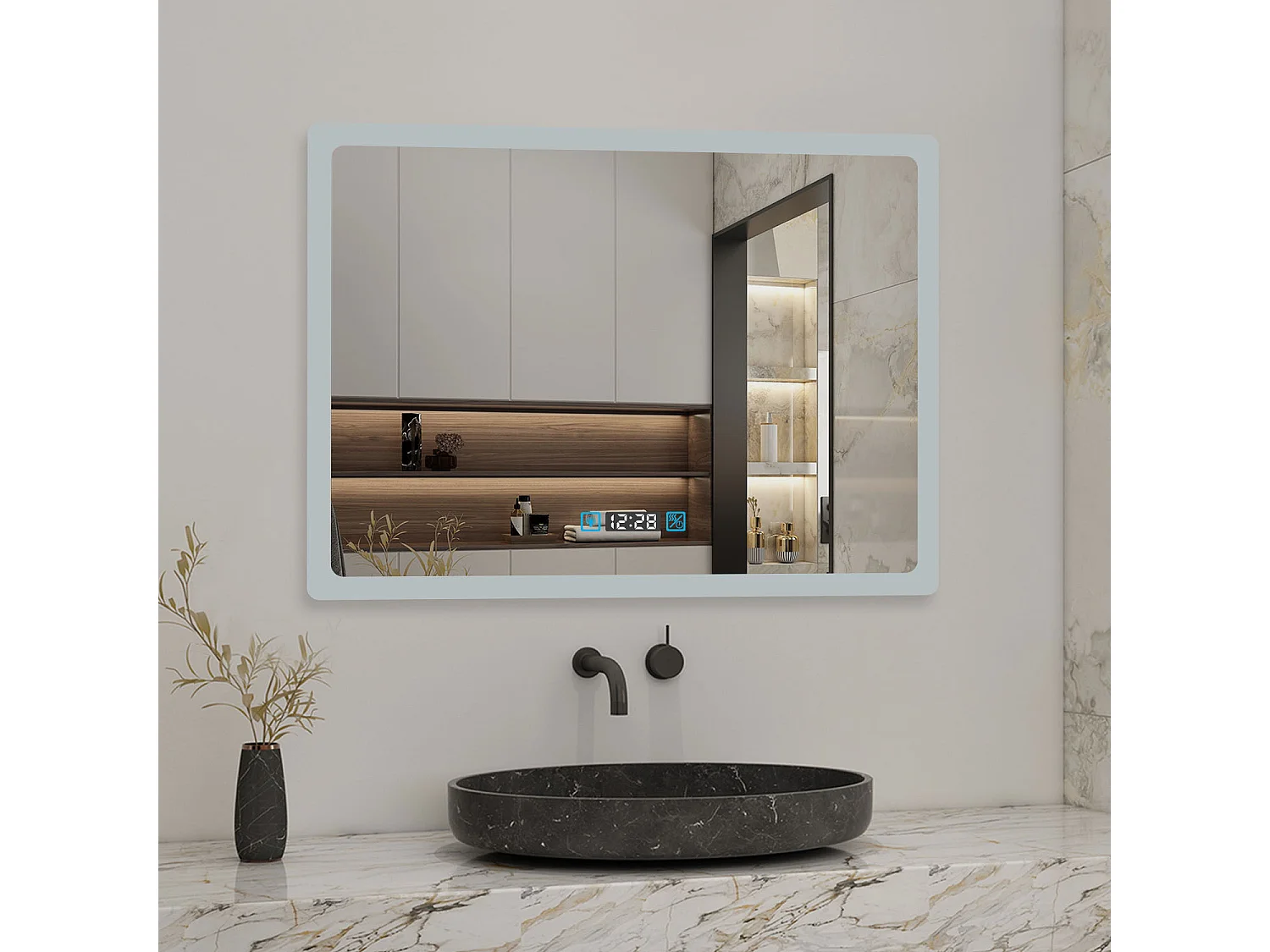 Miroir LED de salle de bain rectangle horizontal anti-buée avec Horloge, lumière blanc pur 80x60 cm