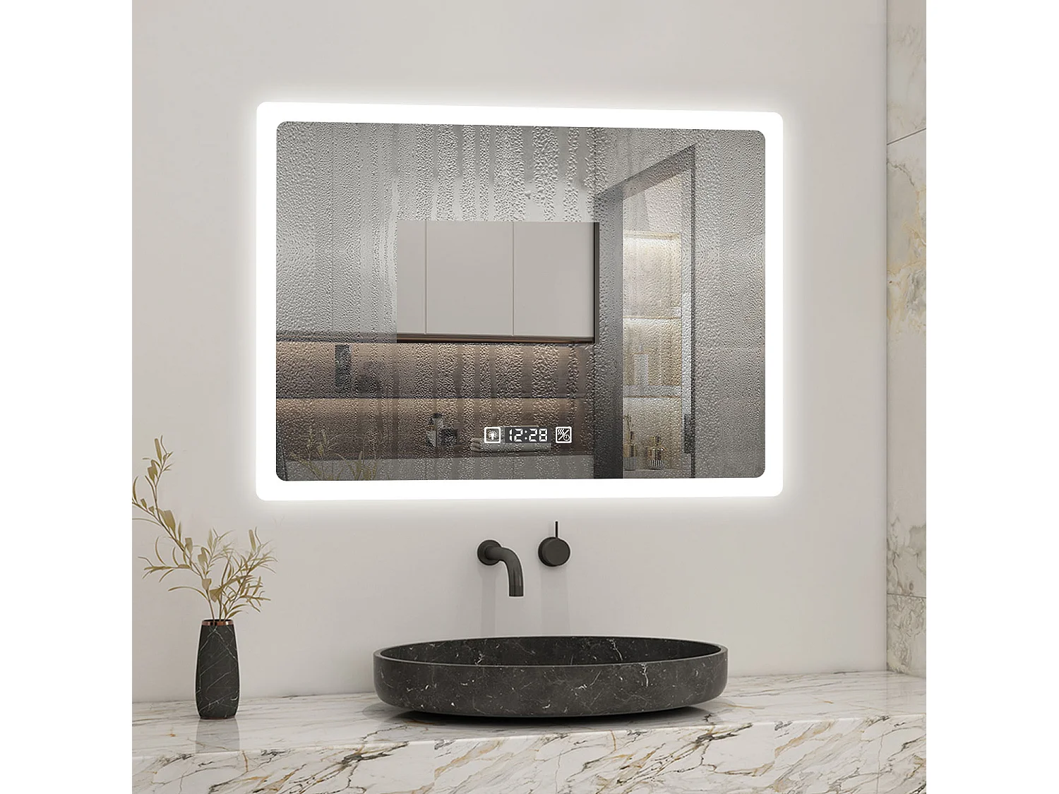 Miroir LED de salle de bain rectangle horizontal anti-buée avec Horloge, lumière blanc pur 80x60 cm