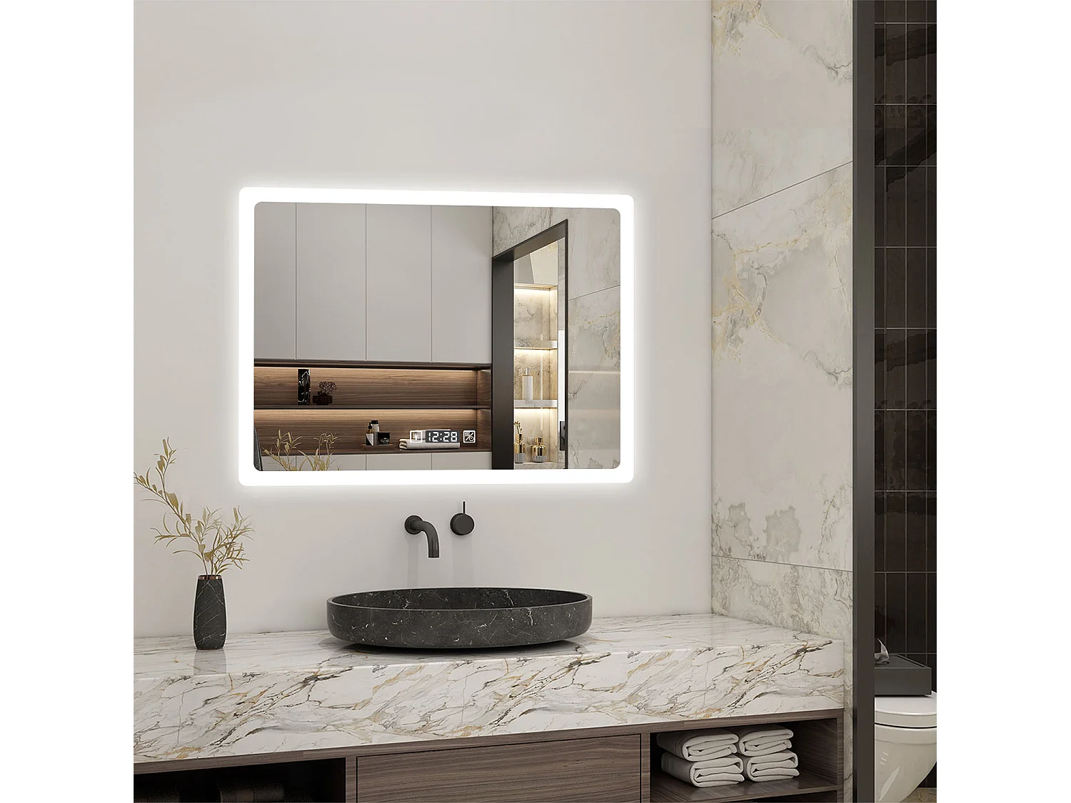 Miroir LED de salle de bain rectangle horizontal anti-buée avec Horloge, lumière blanc pur 80x60 cm