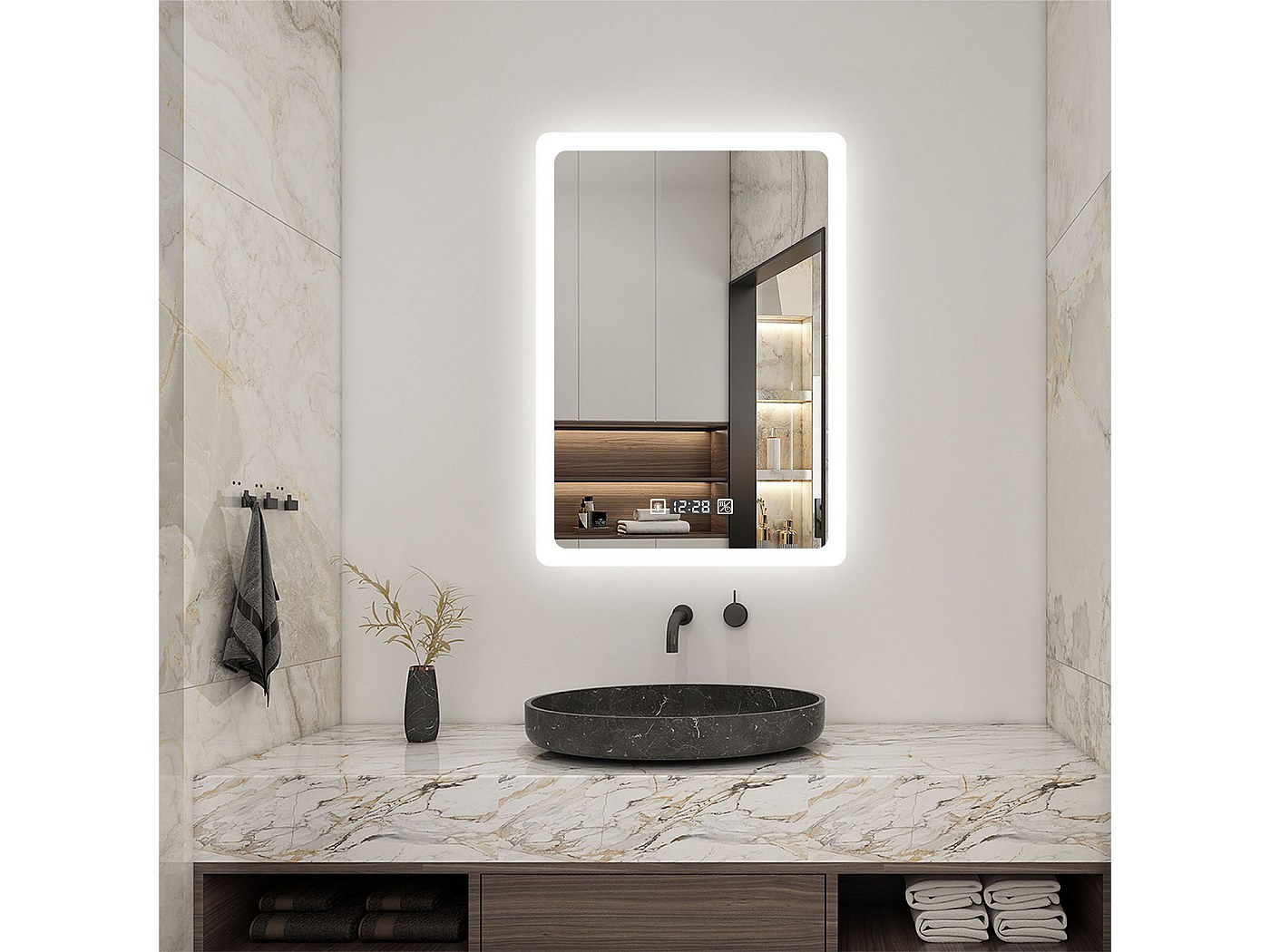 Miroir Salle De Bain LED Rectangle 60x80 Cm - Rétroéclairage Réglable, Antibuée, Verre Trempé, IP44, Commande Tactile