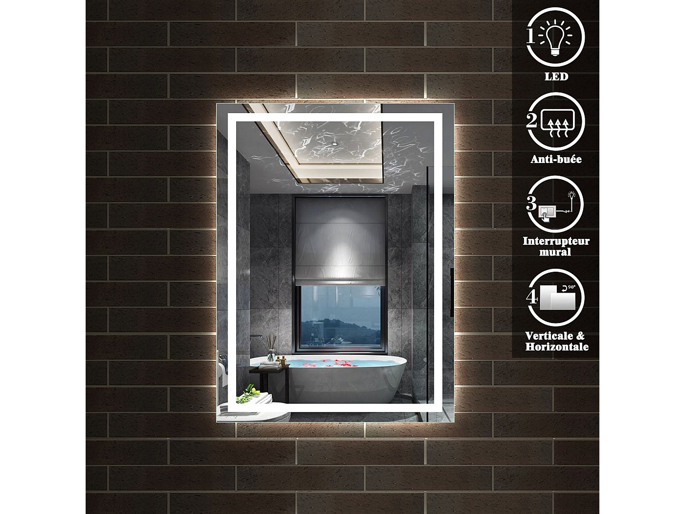 Miroir de salle de bain anti-buée LED 80 X 60 cm
