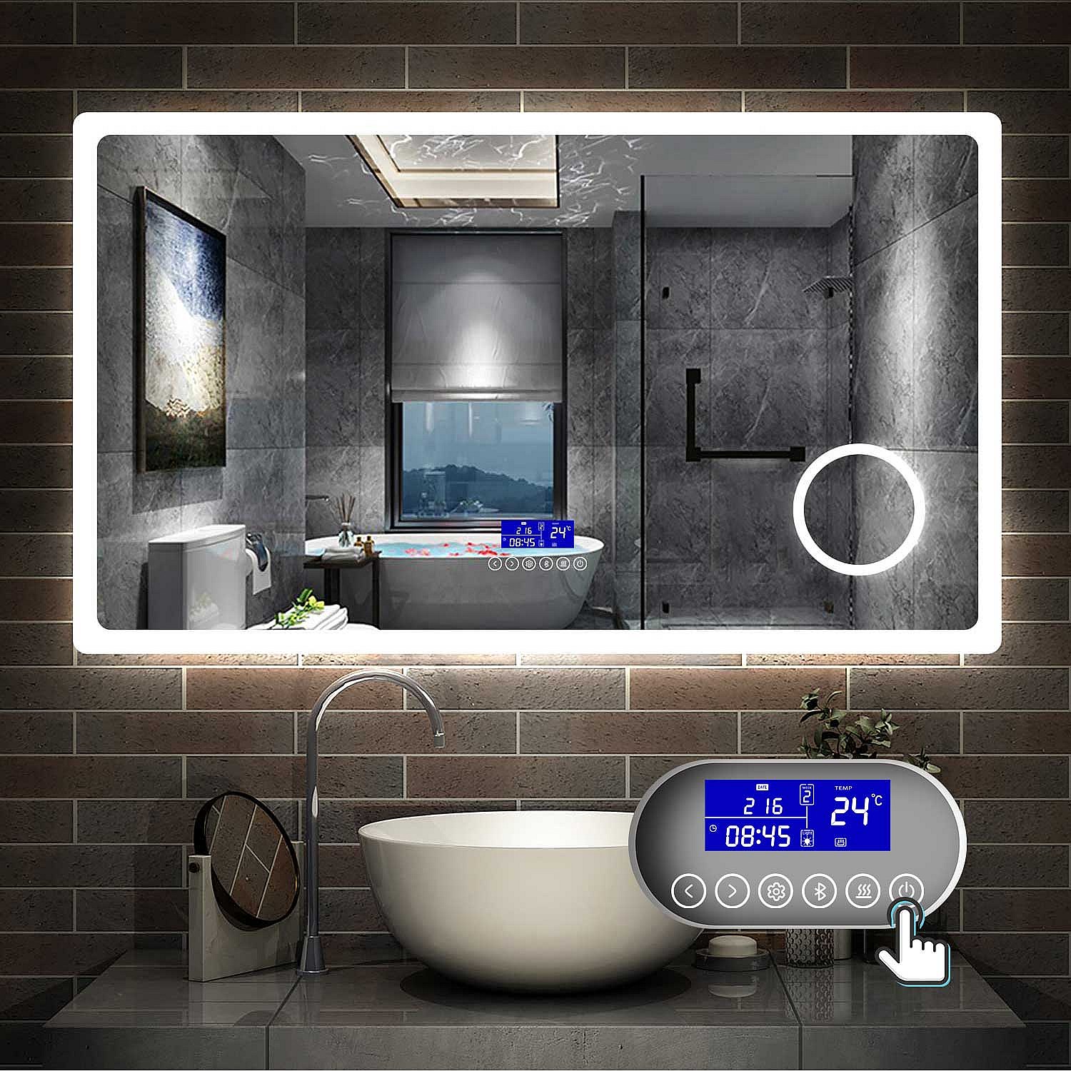 Miroir De Salle De Bain Lumineux LED Dubai - Avec Bluetooth, Horloge, Interrupteur - Moderne, Argenté