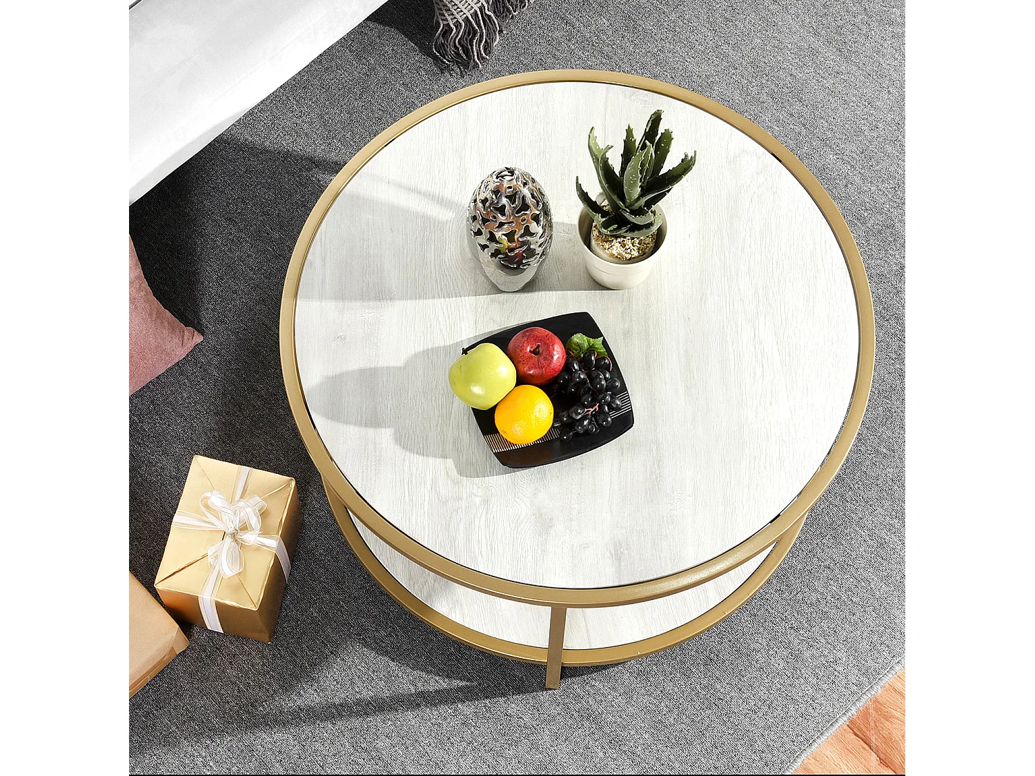 Table basse ronde, style scandinavie, table d'appoint de salon, cadre en métal doré, plateaux et étagère en MDF blanc