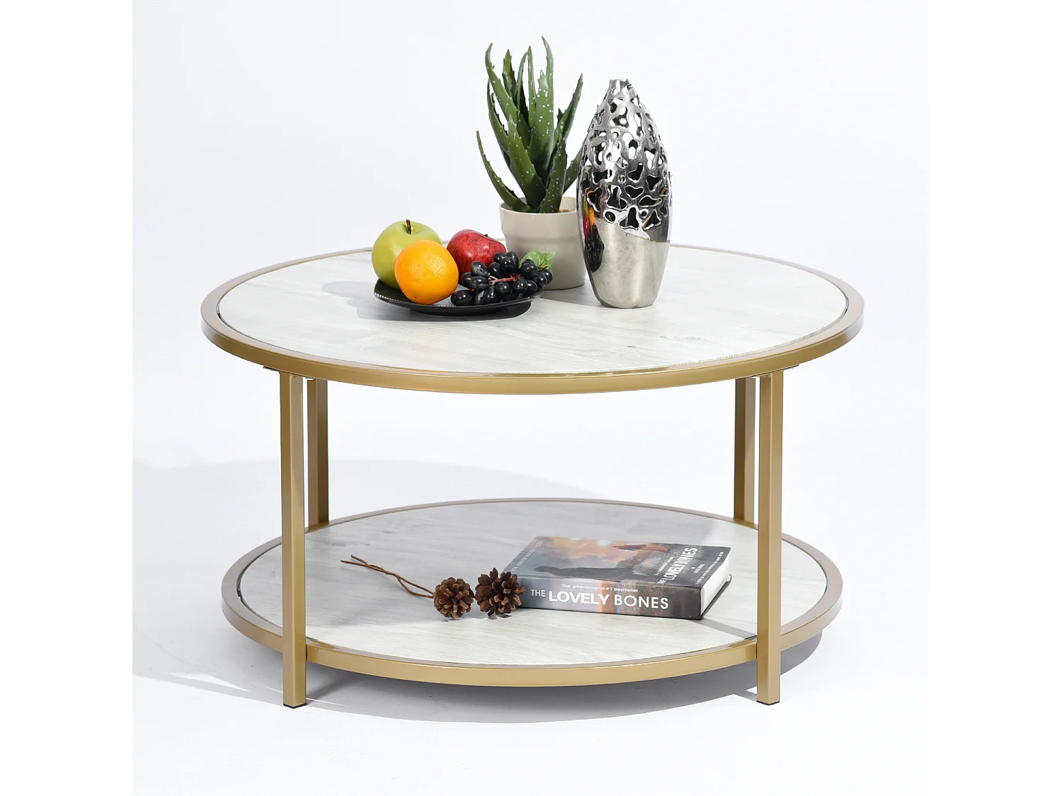 Table basse ronde, style scandinavie, table d'appoint de salon, cadre en métal doré, plateaux et étagère en MDF blanc