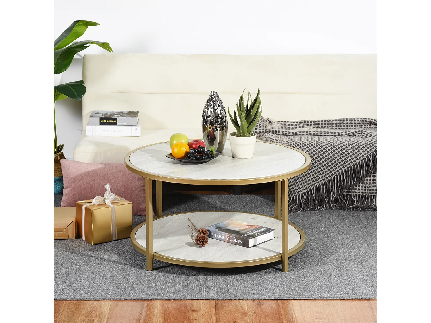 Table basse ronde, style scandinavie, table d'appoint de salon, cadre en métal doré, plateaux et étagère en MDF blanc