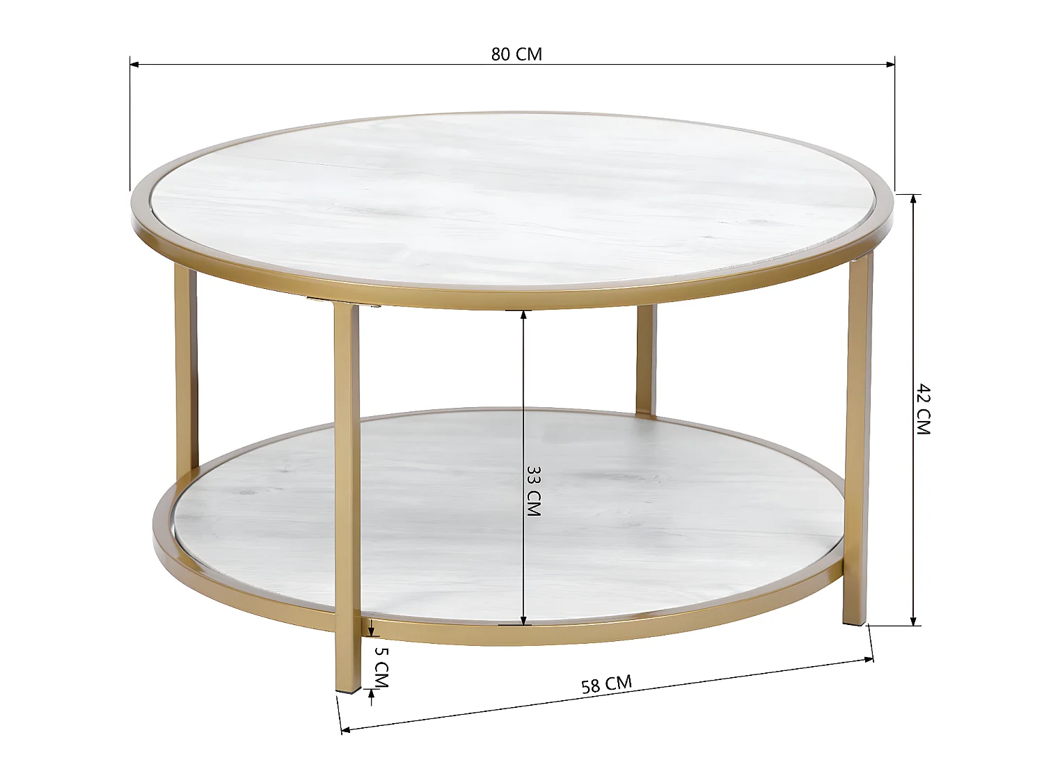 Table basse ronde, style scandinavie, table d'appoint de salon, cadre en métal doré, plateaux et étagère en MDF blanc