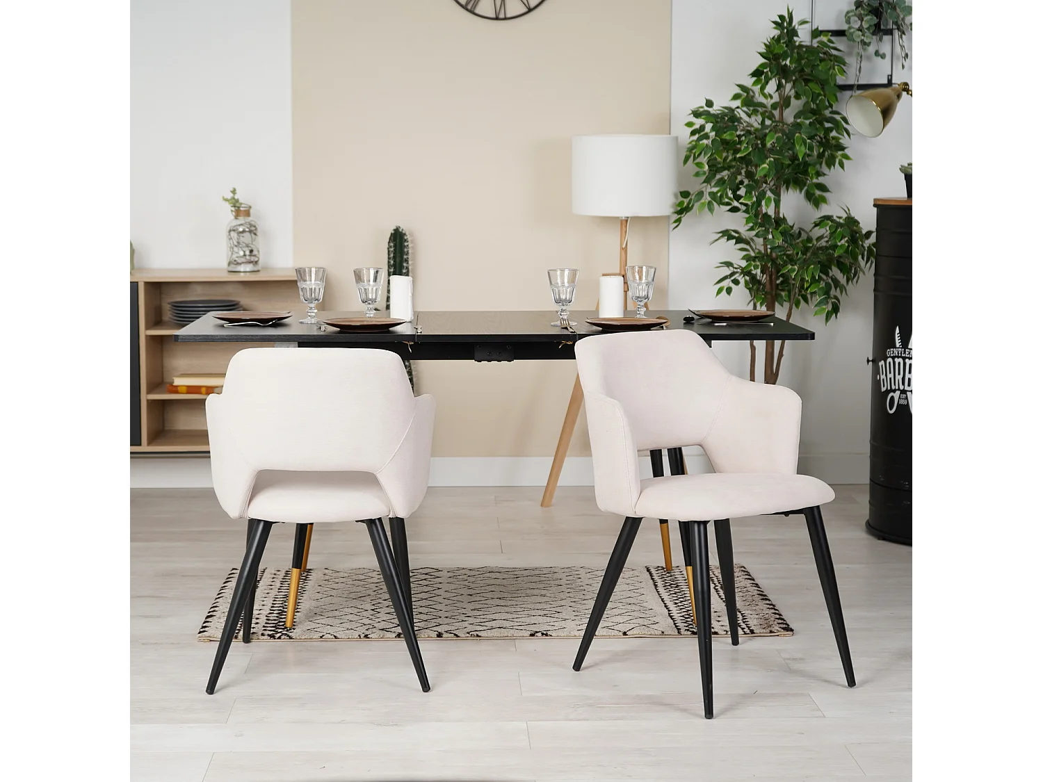 MEUBLES COSY Lot de 2 chaises de salle à manger scandinaves fauteuils avec accoudoirs, assise en tissu rembourrée, pieds en métal noir, Beige