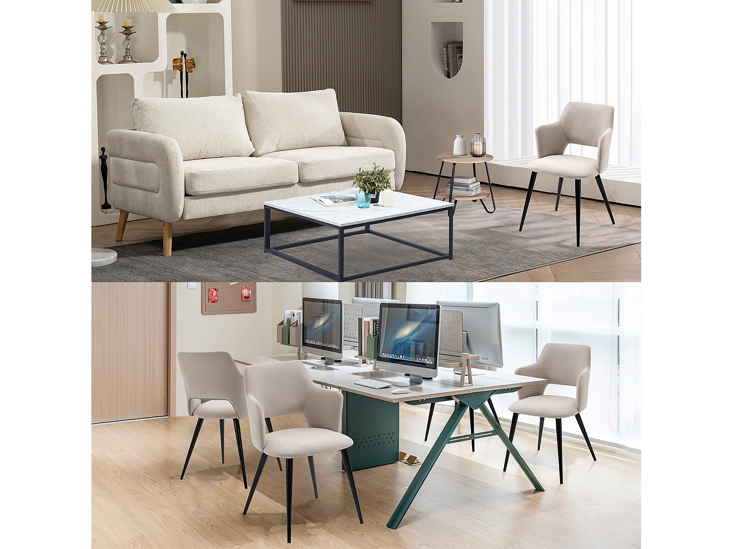 MEUBLES COSY Lot de 2 chaises de salle à manger scandinaves fauteuils avec accoudoirs, assise en tissu rembourrée, pieds en métal noir, Beige