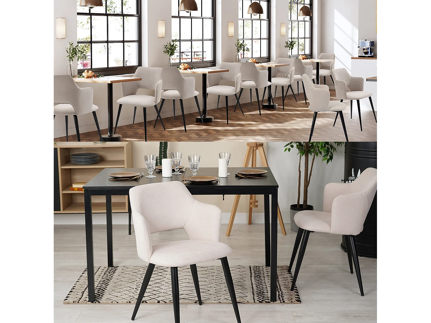 MEUBLES COSY Lot de 2 chaises de salle à manger scandinaves fauteuils avec accoudoirs, assise en tissu rembourrée, pieds en métal noir, Beige