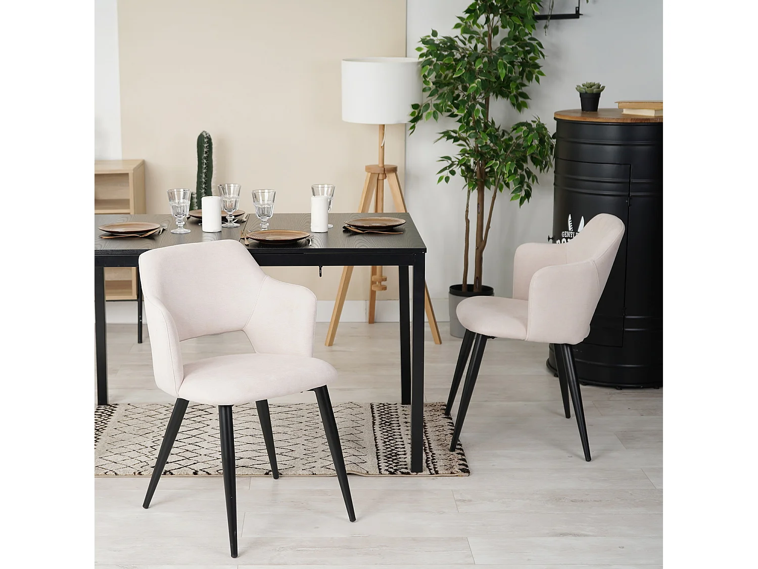 MEUBLES COSY Lot de 2 chaises de salle à manger scandinaves fauteuils avec accoudoirs, assise en tissu rembourrée, pieds en métal noir, Beige