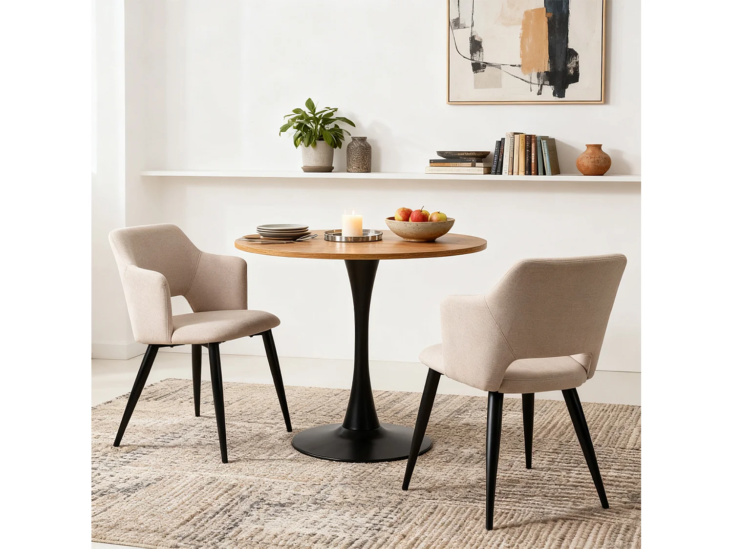 MEUBLES COSY Lot de 2 chaises de salle à manger scandinaves fauteuils avec accoudoirs, assise en tissu rembourrée, pieds en métal noir, Beige