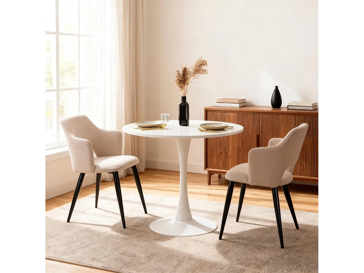 MEUBLES COSY Lot de 2 chaises de salle à manger scandinaves fauteuils avec accoudoirs, assise en tissu rembourrée, pieds en métal noir, Beige
