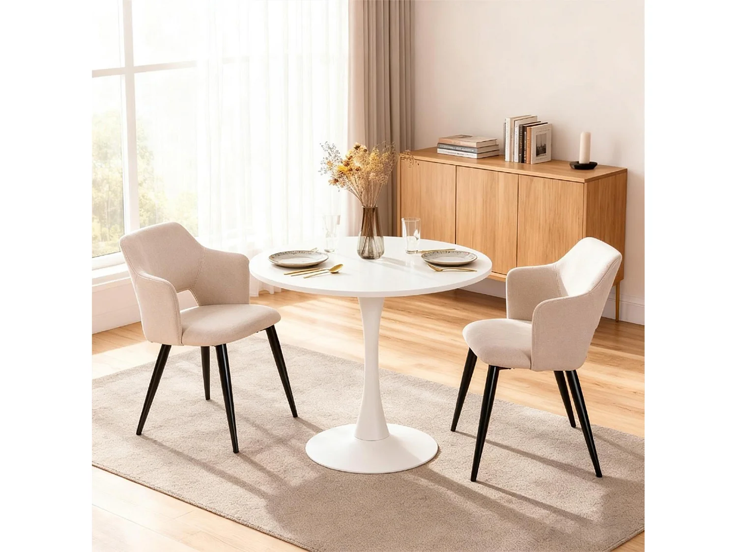 MEUBLES COSY Lot de 2 chaises de salle à manger scandinaves fauteuils avec accoudoirs, assise en tissu rembourrée, pieds en métal noir, Beige