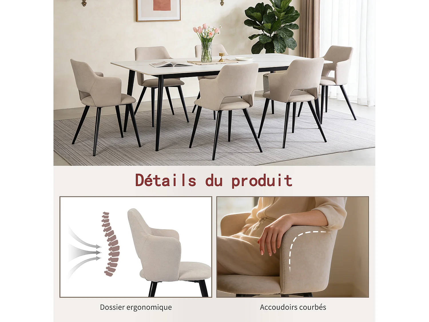 MEUBLES COSY Lot de 2 chaises de salle à manger scandinaves fauteuils avec accoudoirs, assise en tissu rembourrée, pieds en métal noir, Beige