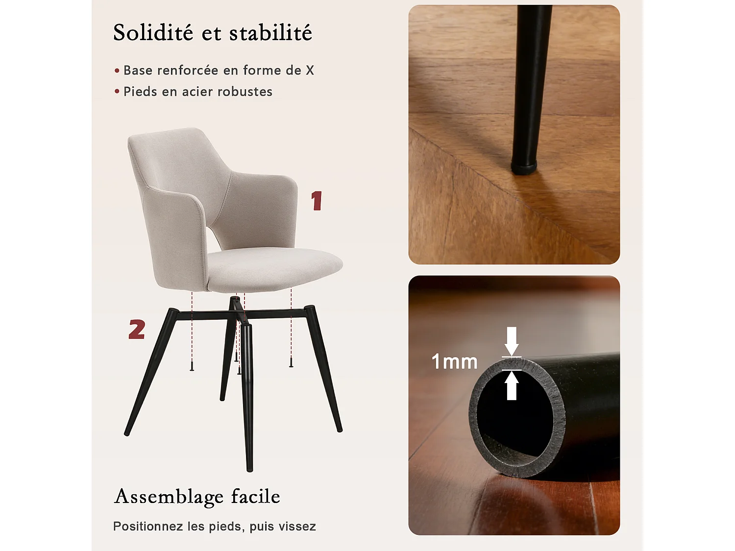 MEUBLES COSY Lot de 2 chaises de salle à manger scandinaves fauteuils avec accoudoirs, assise en tissu rembourrée, pieds en métal noir, Beige