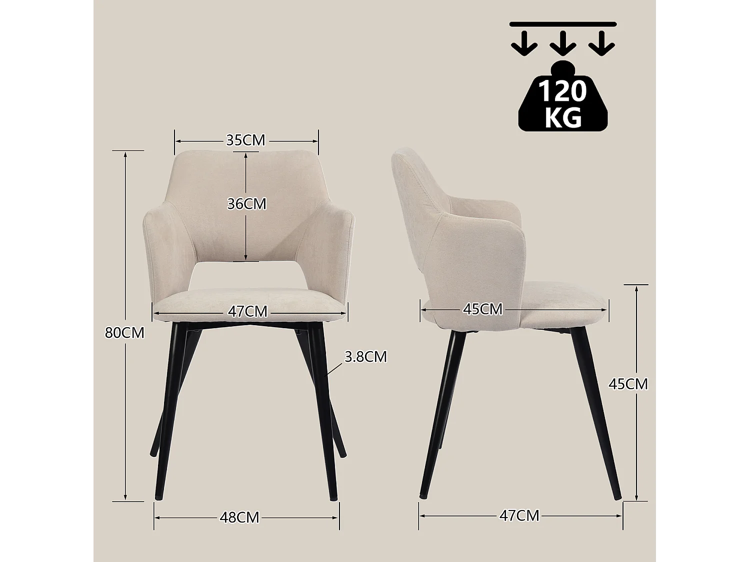 MEUBLES COSY Lot de 2 chaises de salle à manger scandinaves fauteuils avec accoudoirs, assise en tissu rembourrée, pieds en métal noir, Beige