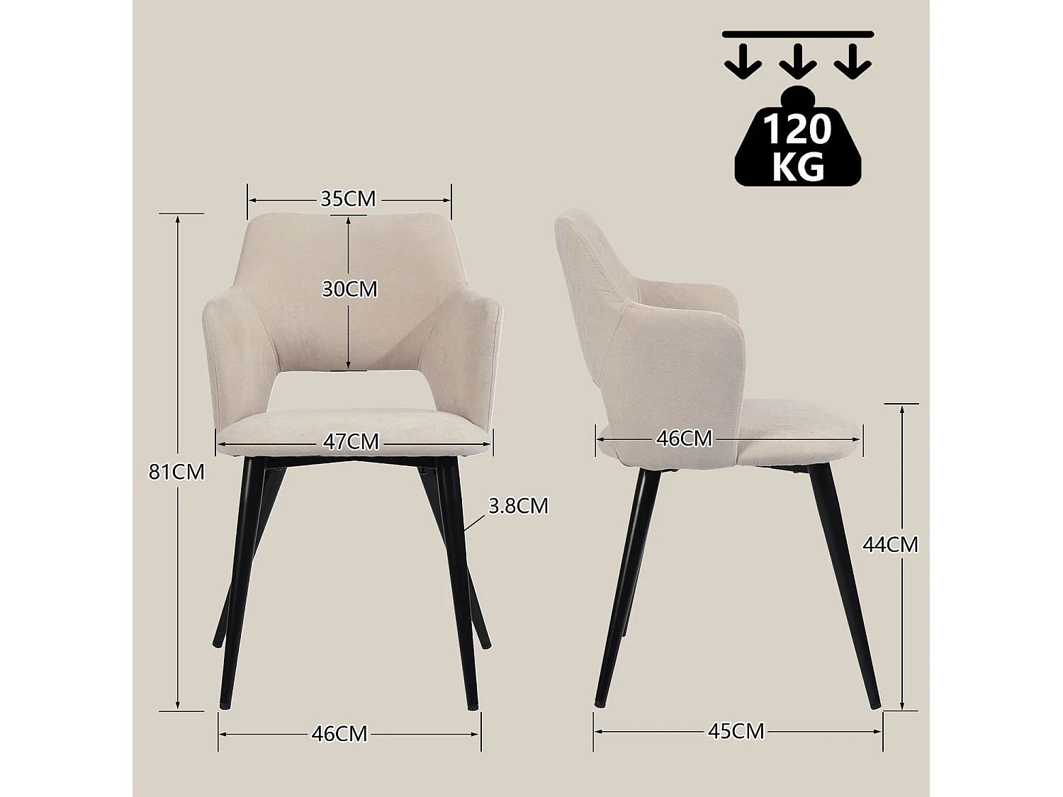 MEUBLES COSY Lot de 2 chaises de salle à manger scandinaves fauteuils avec accoudoirs, assise en tissu rembourrée, pieds en métal noir, Beige