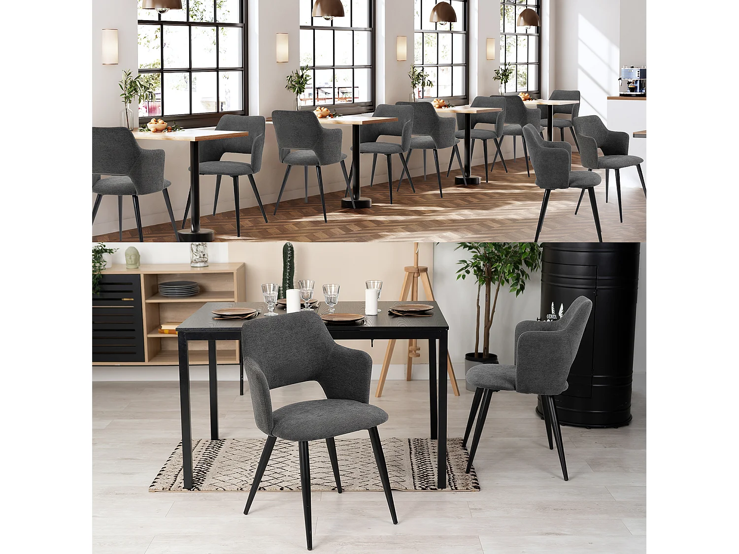 MEUBLES COSY Lot de 2 chaises de salle à manger scandinaves fauteuils avec accoudoirs, assise en tissu rembourrée, pieds en métal noir, Gris