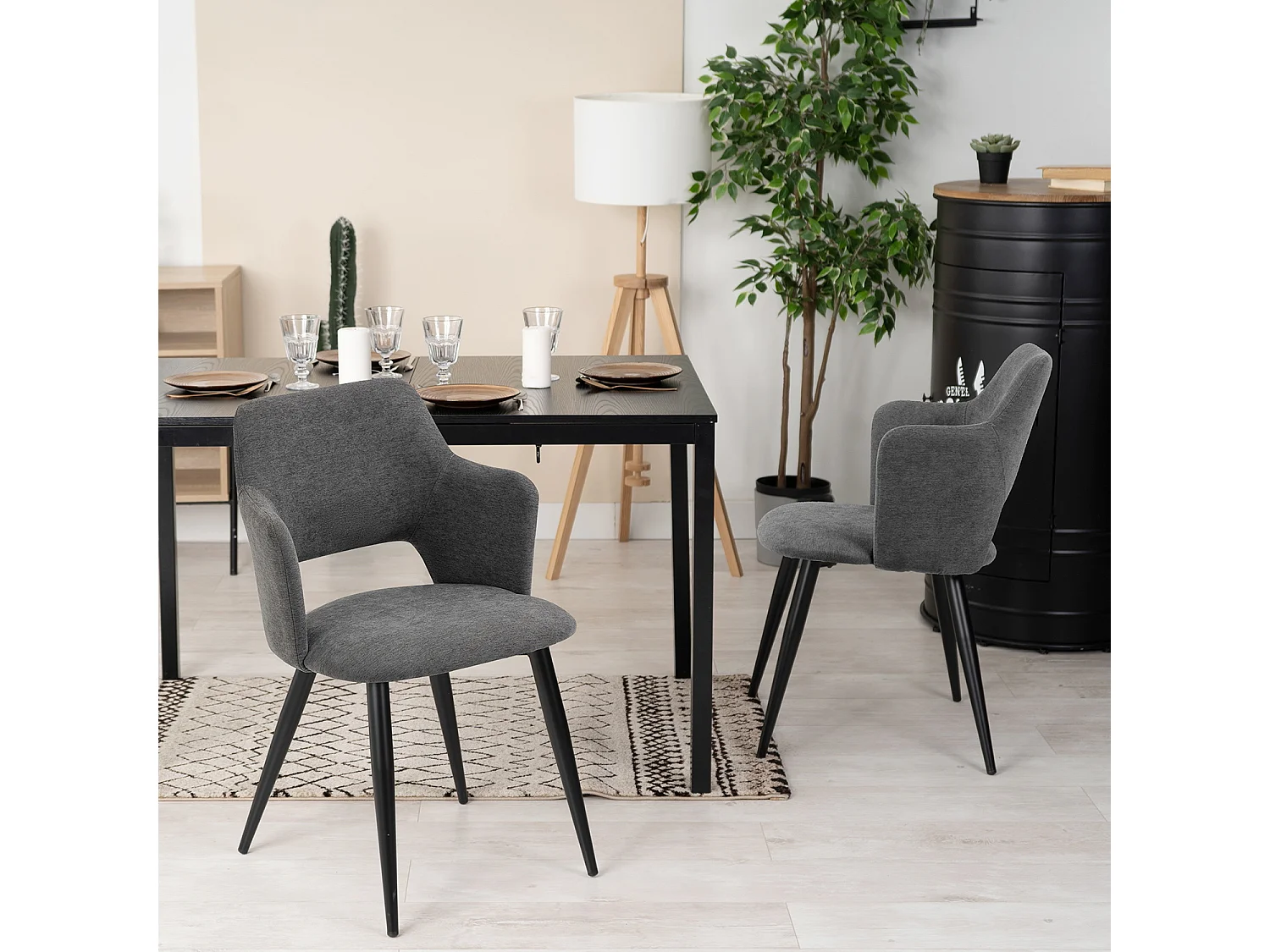 MEUBLES COSY Lot de 2 chaises de salle à manger scandinaves fauteuils avec accoudoirs, assise en tissu rembourrée, pieds en métal noir, Gris