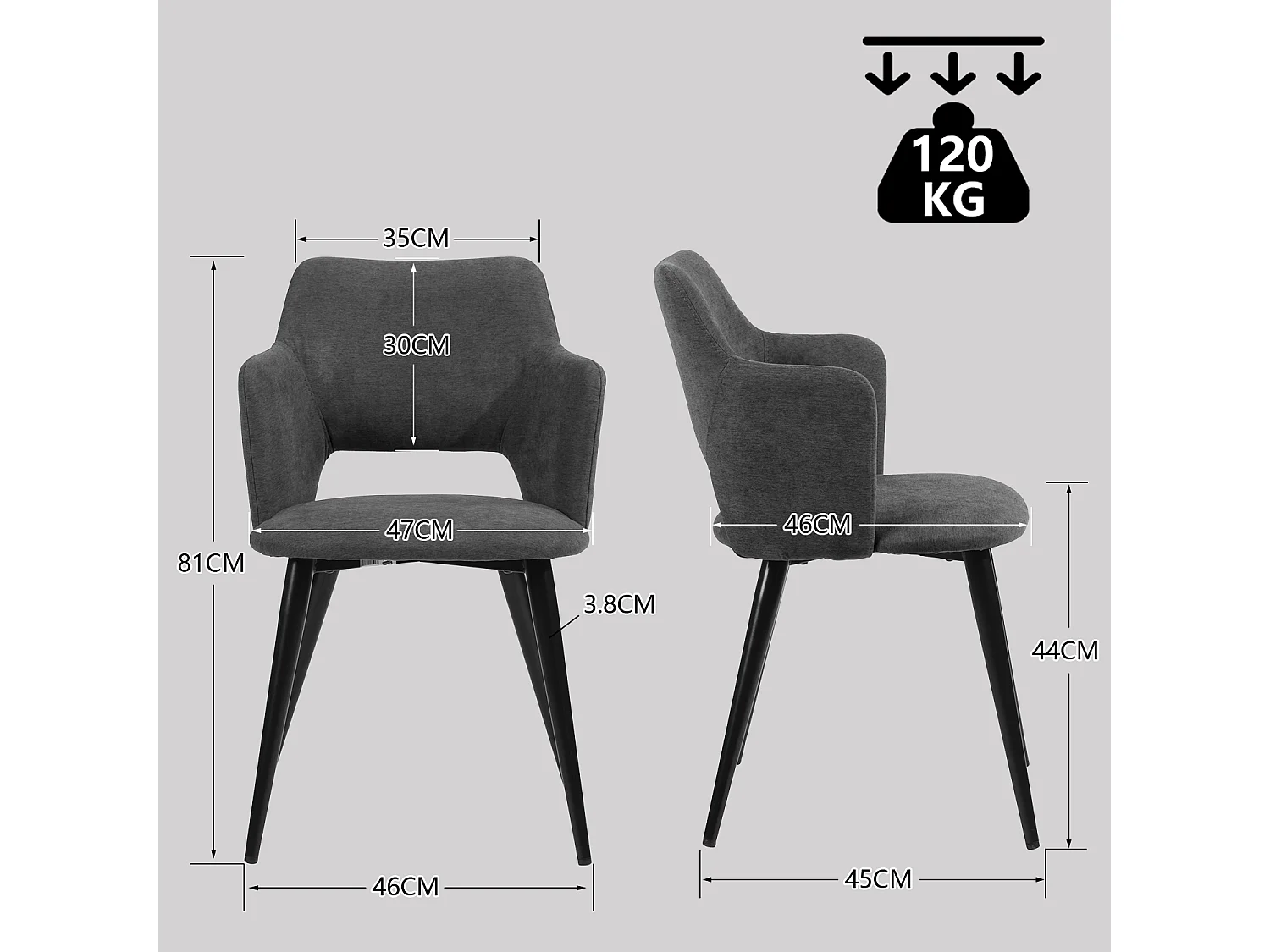 MEUBLES COSY Lot de 2 chaises de salle à manger scandinaves fauteuils avec accoudoirs, assise en tissu rembourrée, pieds en métal noir, Gris