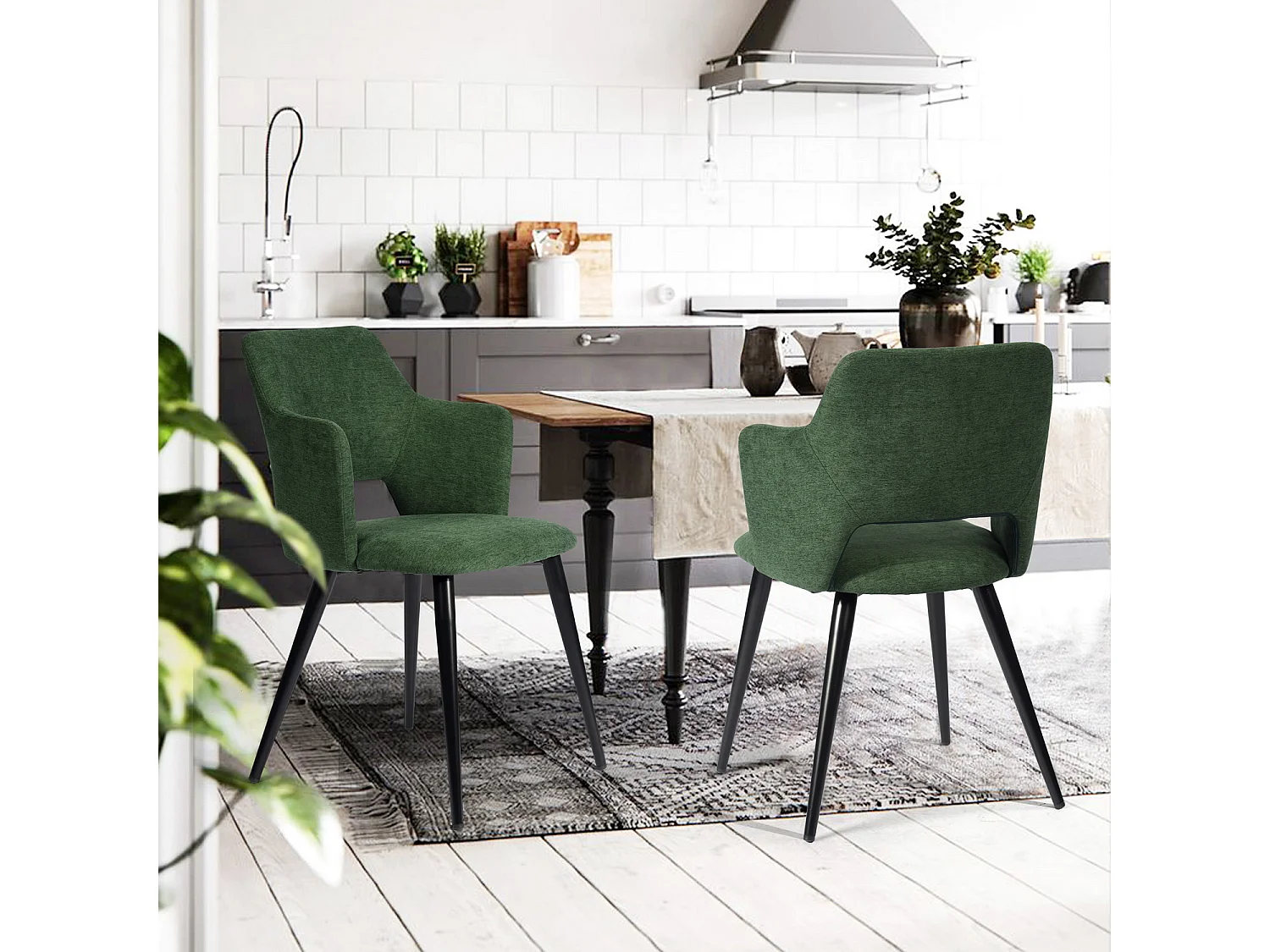MEUBLES COSY Lot de 2 chaises de salle à manger scandinaves fauteuils avec accoudoirs, assise en tissu rembourrée, pieds en métal noir, Vert