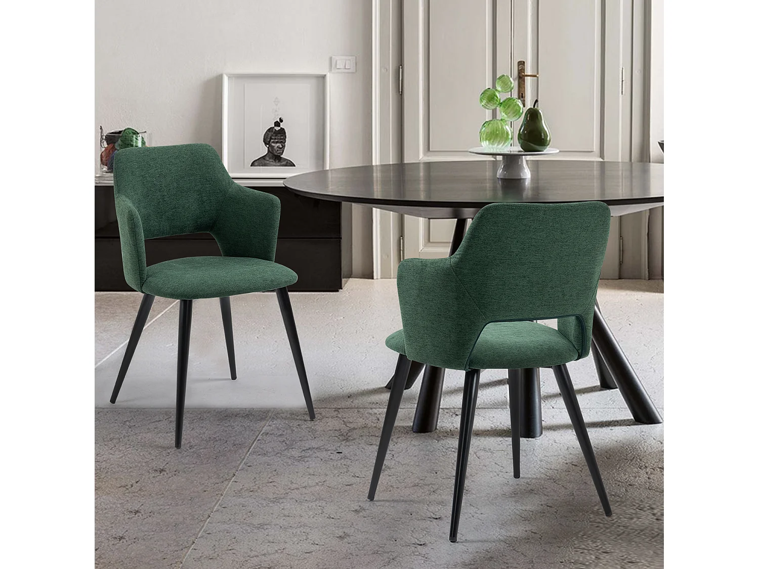 MEUBLES COSY Lot de 2 chaises de salle à manger scandinaves fauteuils avec accoudoirs, assise en tissu rembourrée, pieds en métal noir, Vert