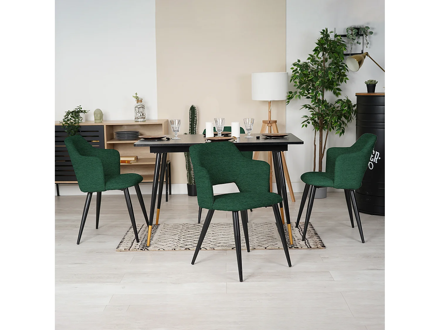 MEUBLES COSY Lot de 2 chaises de salle à manger scandinaves fauteuils avec accoudoirs, assise en tissu rembourrée, pieds en métal noir, Vert