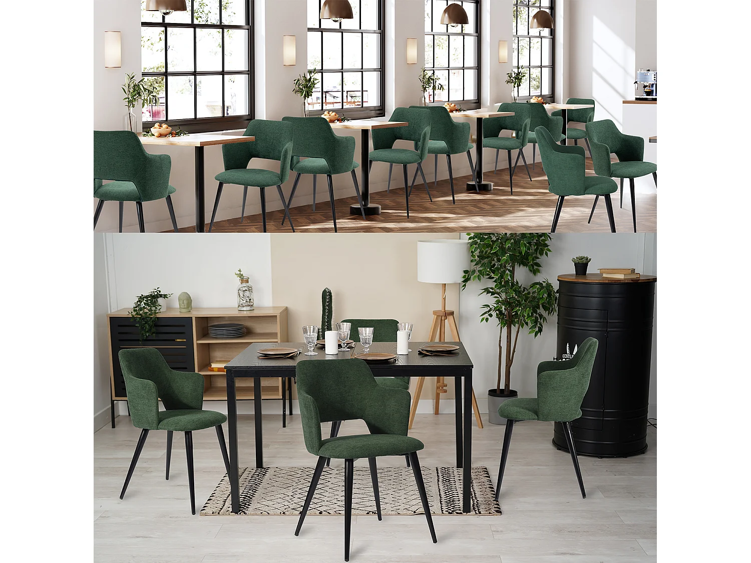 MEUBLES COSY Lot de 2 chaises de salle à manger scandinaves fauteuils avec accoudoirs, assise en tissu rembourrée, pieds en métal noir, Vert