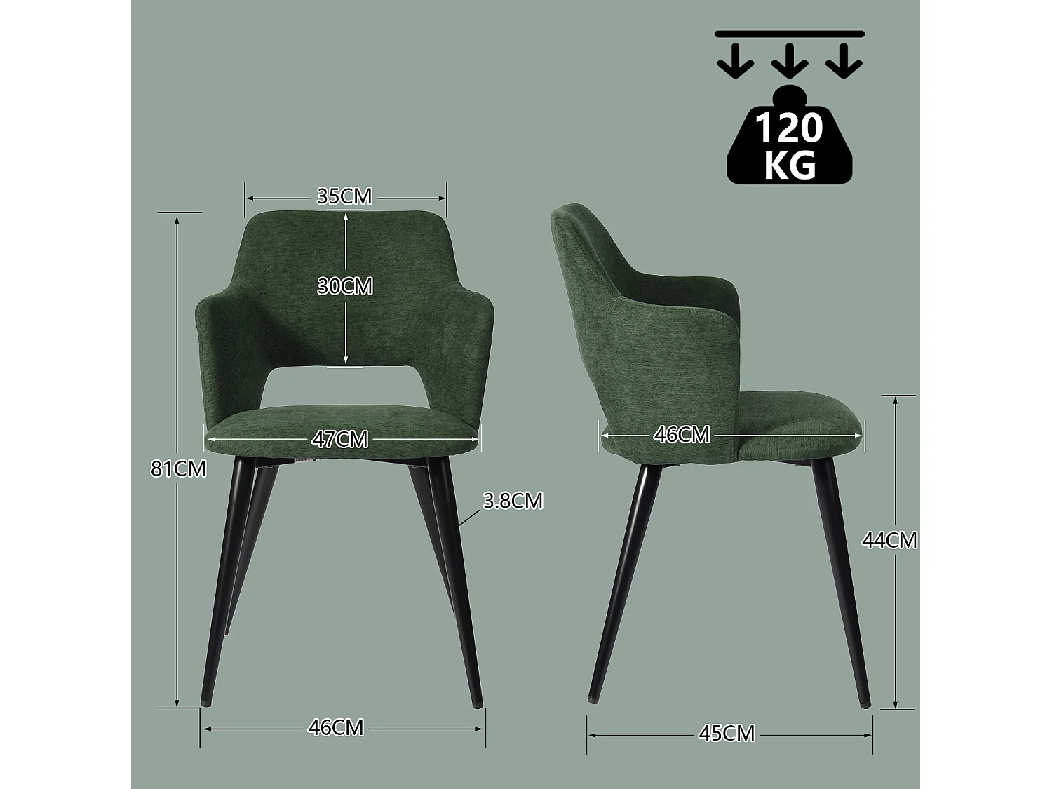 MEUBLES COSY Lot de 2 chaises de salle à manger scandinaves fauteuils avec accoudoirs, assise en tissu rembourrée, pieds en métal noir, Vert