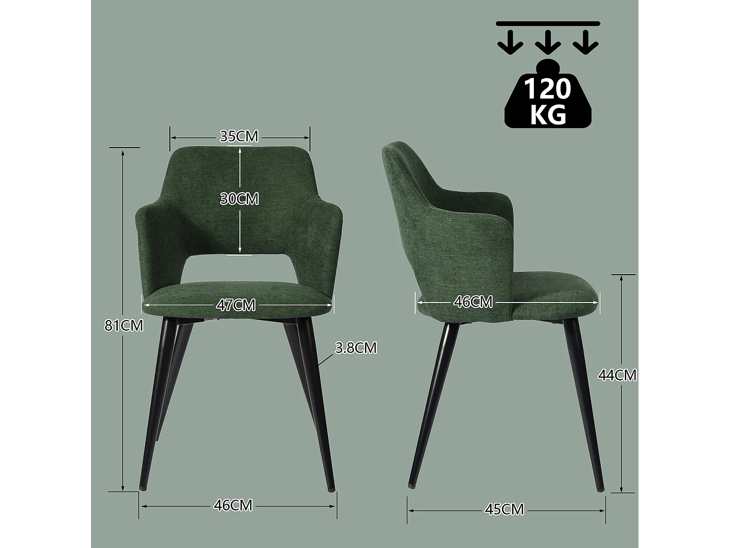 MEUBLES COSY Lot de 2 chaises de salle à manger scandinaves fauteuils avec accoudoirs, assise en tissu rembourrée, pieds en métal noir, Vert