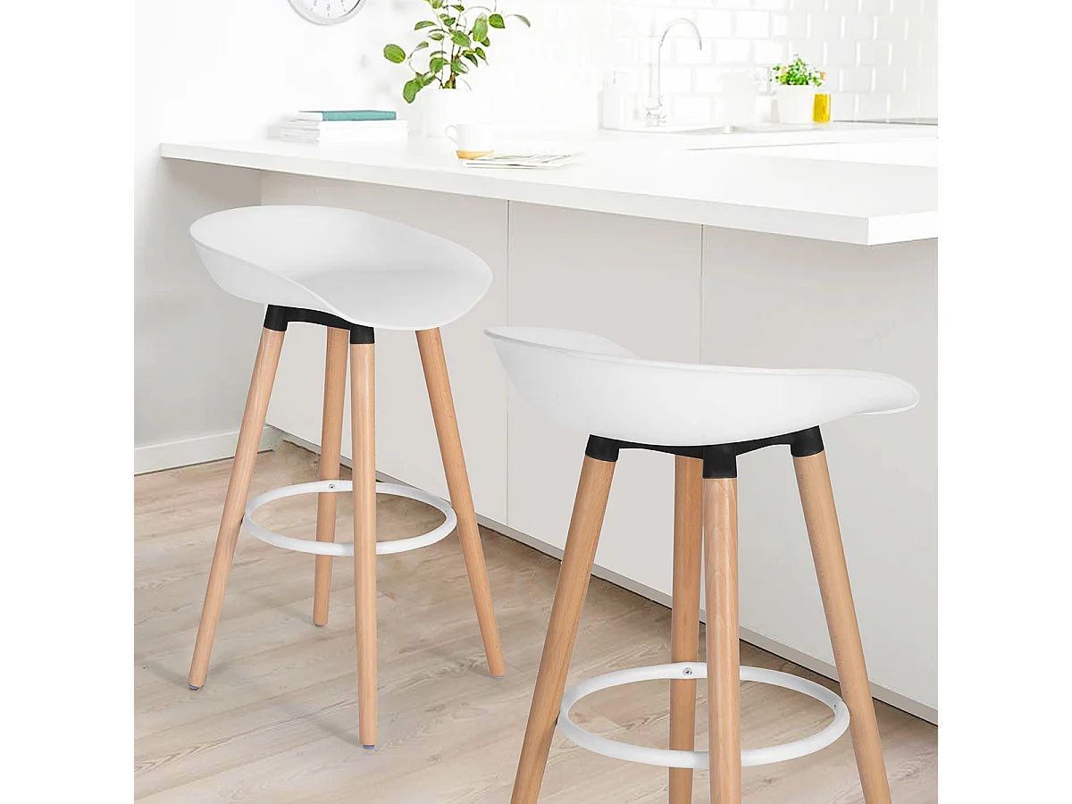 Lot de 2 tabourets de bar scandinave， Siège en plastique blanc, Pieds en bois, L45*D43.5*H77.5cm