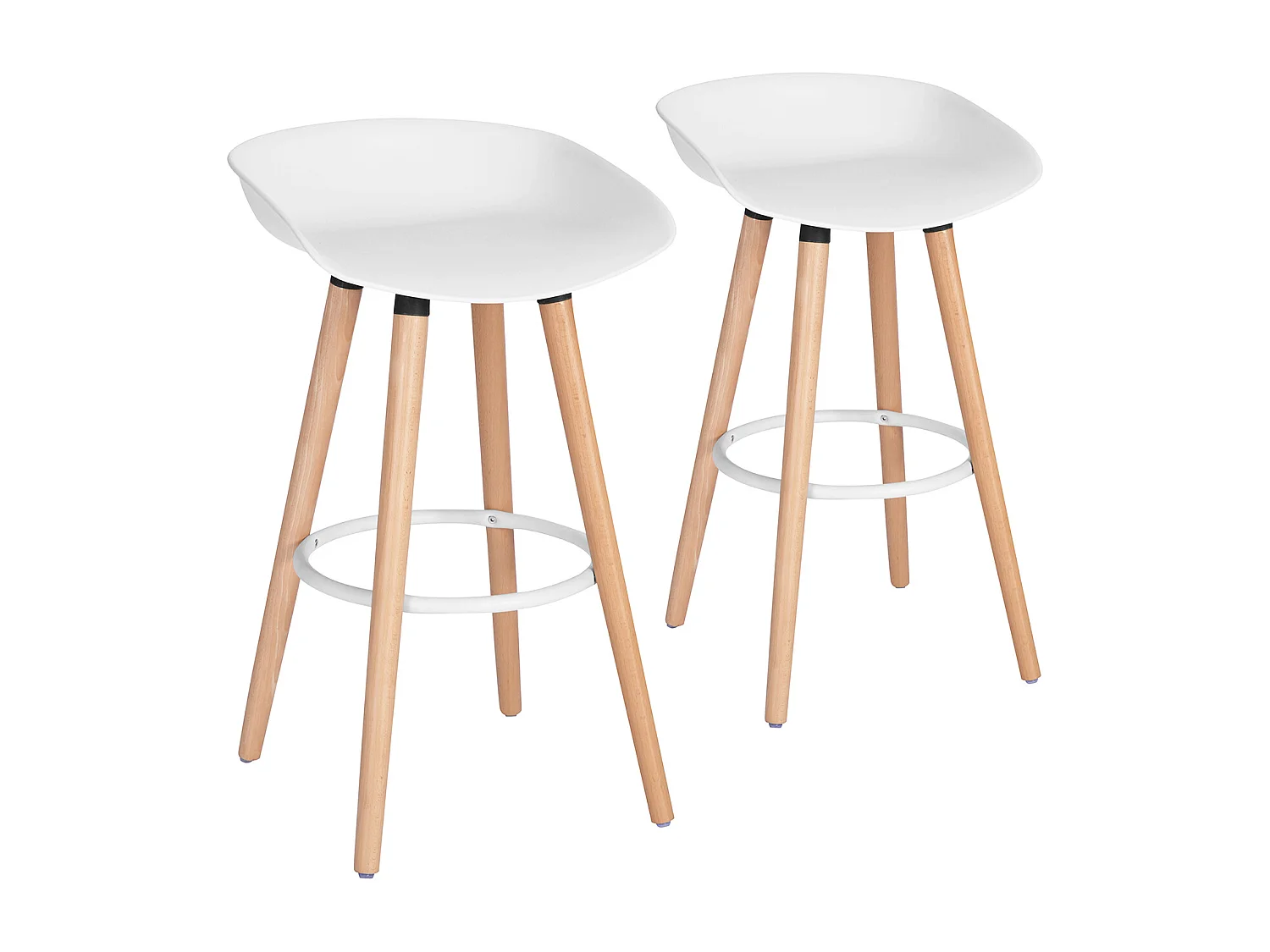 Lot de 2 tabourets de bar scandinave， Siège en plastique blanc, Pieds en bois, L45*D43.5*H77.5cm