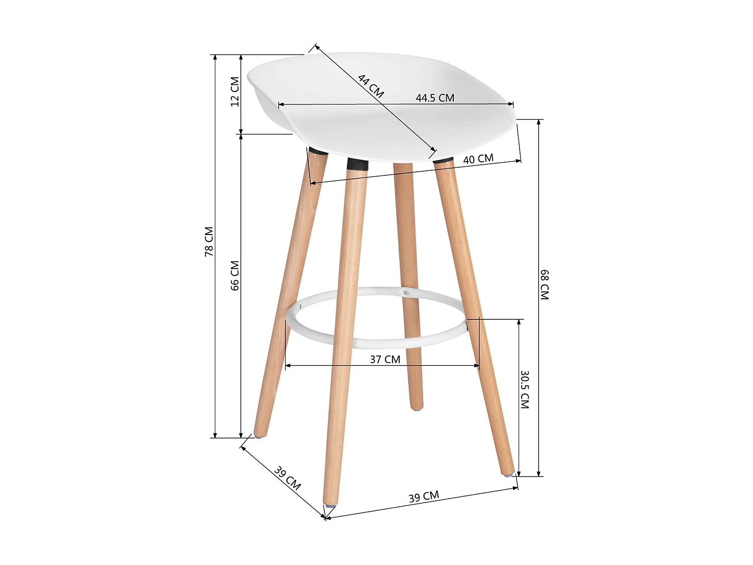 Lot de 2 tabourets de bar scandinave， Siège en plastique blanc, Pieds en bois, L45*D43.5*H77.5cm