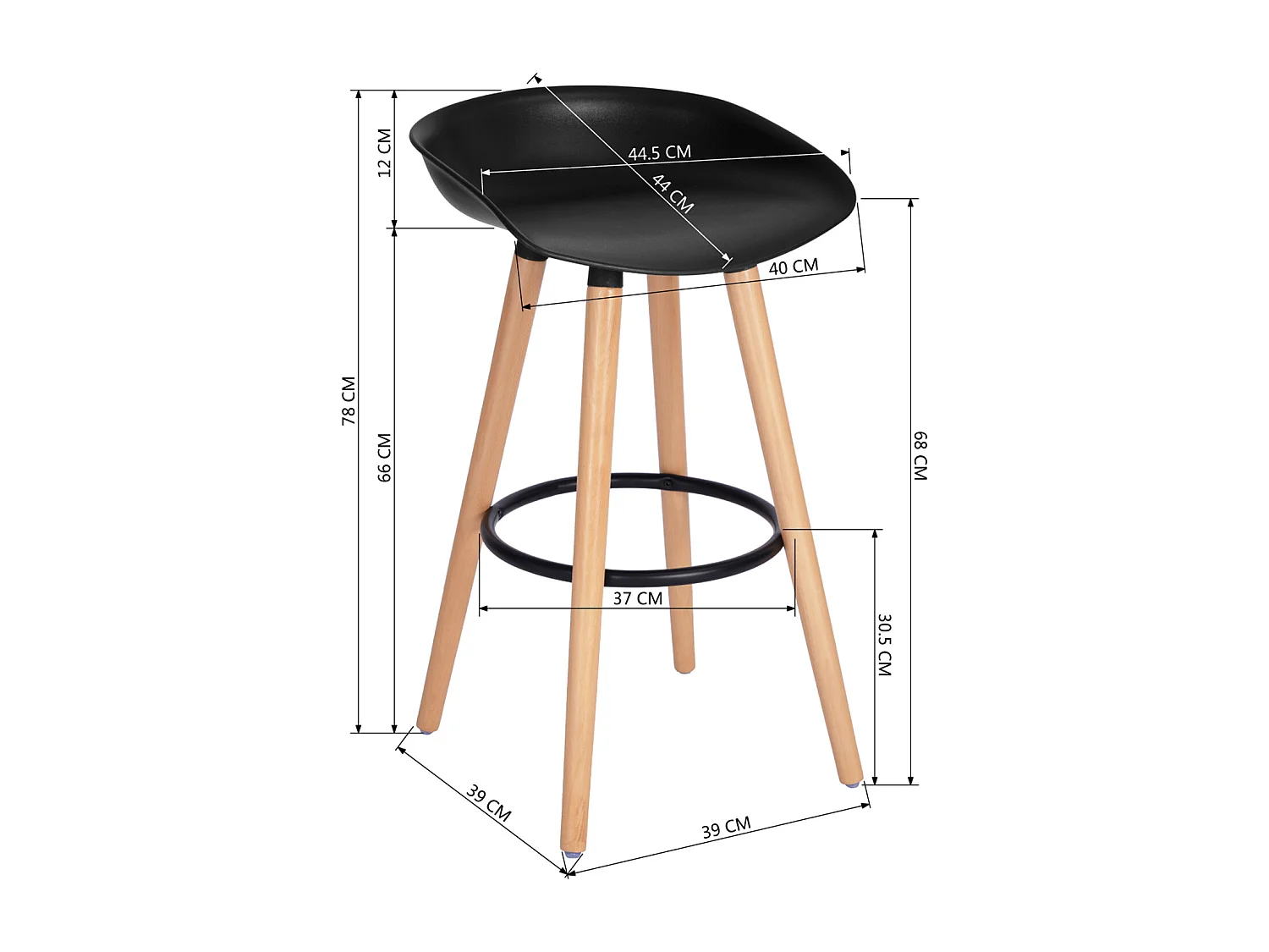 Lot de 2 tabourets de bar scandinave， Siège en plastique noir, Pieds en bois, L45*P43.5*H77.5cm