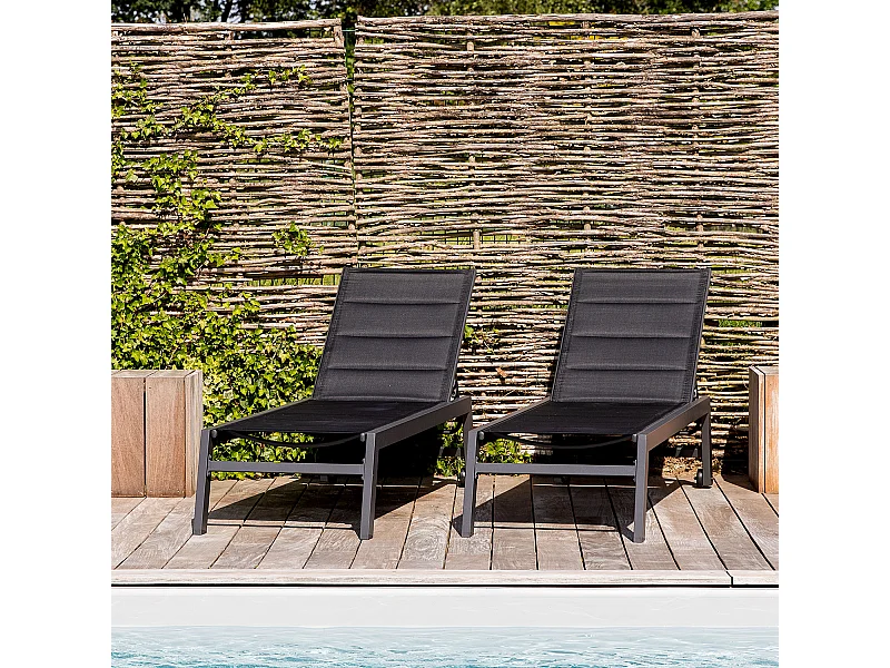 Lot de 2 bains de soleil BARBADOS en textilène noir - aluminium gris anthracite - HAPPY GARDEN