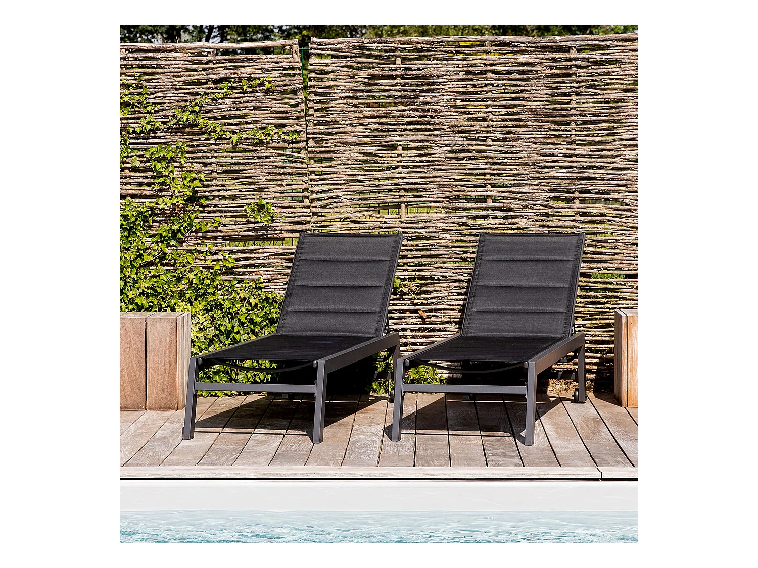 Lot de 2 bains de soleil BARBADOS en textilène noir - aluminium gris anthracite - HAPPY GARDEN