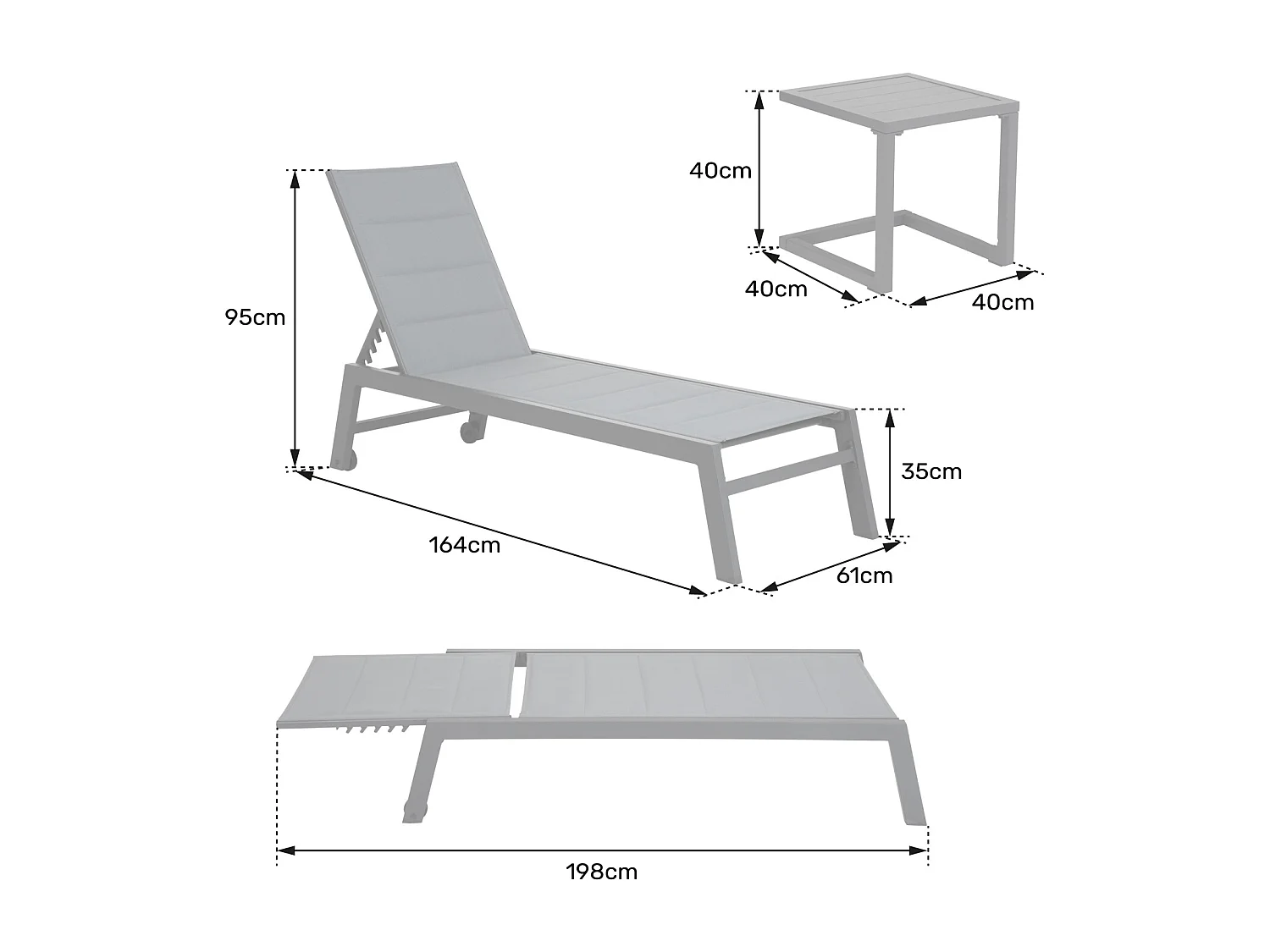 Set bain de soleil et table d'appoint BARBADOS en textilène gris - aluminium gris anthracite - HAPPY GARDEN